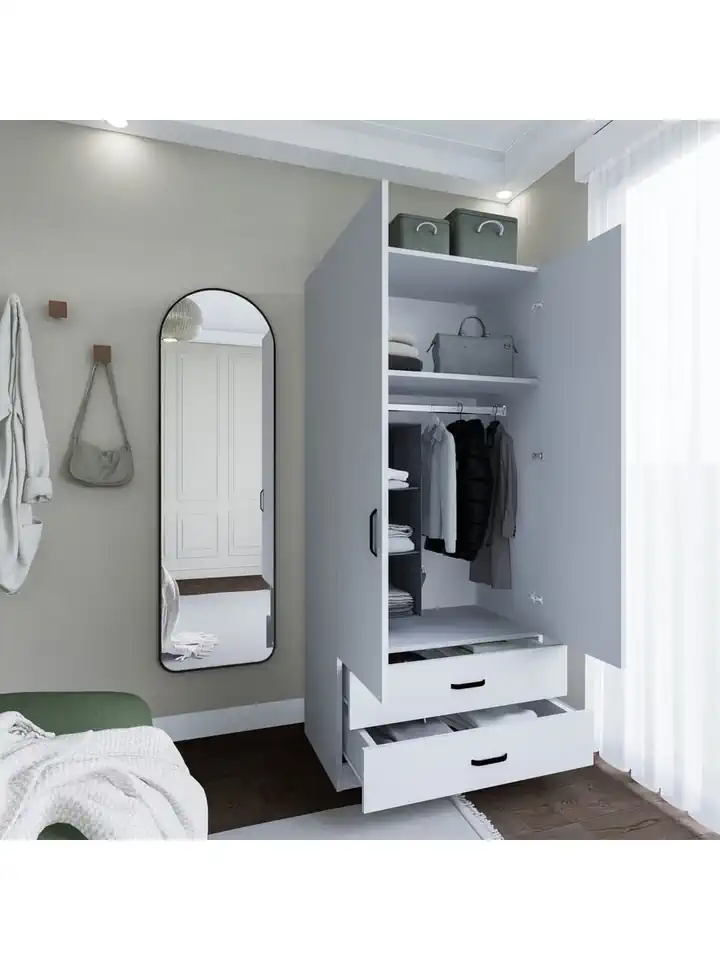 Yaman 80 cm Mat Beyaz 2 Kapaklı 2 Çekmeceli Elbise Dolabı - Gardırop