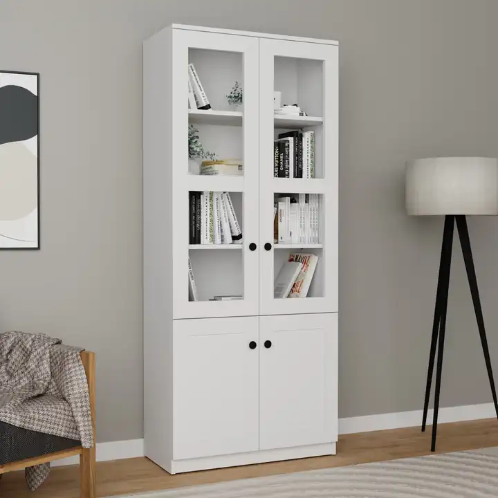 Lisa 4 Kapaklı Beyaz Vitrin - Kitaplık ve Çok Amaçlı Dolap