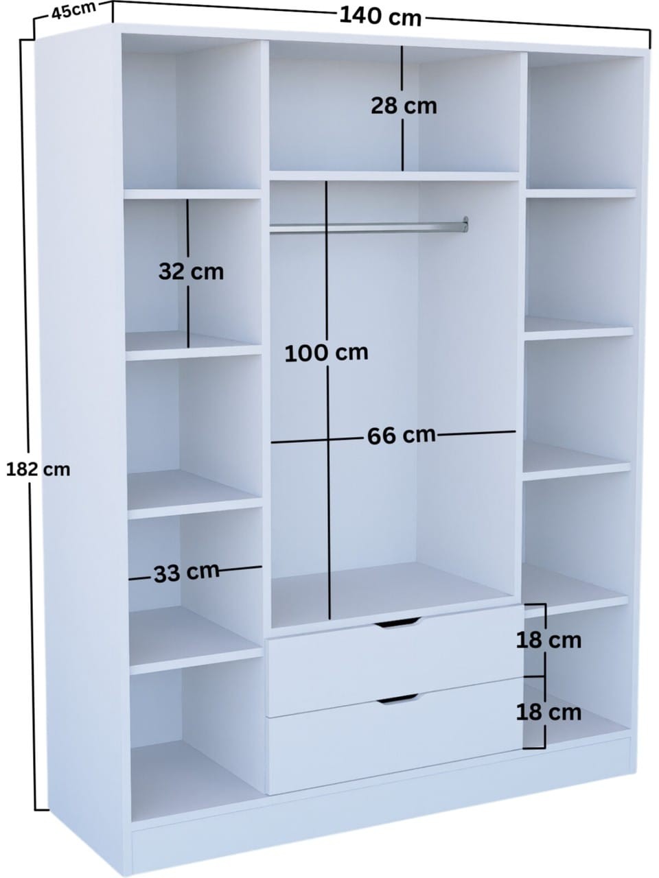 140 Cm Mat Beyaz 4 Kapılı 2 Çekmeceli Elbise Dolabı - Gardırop
