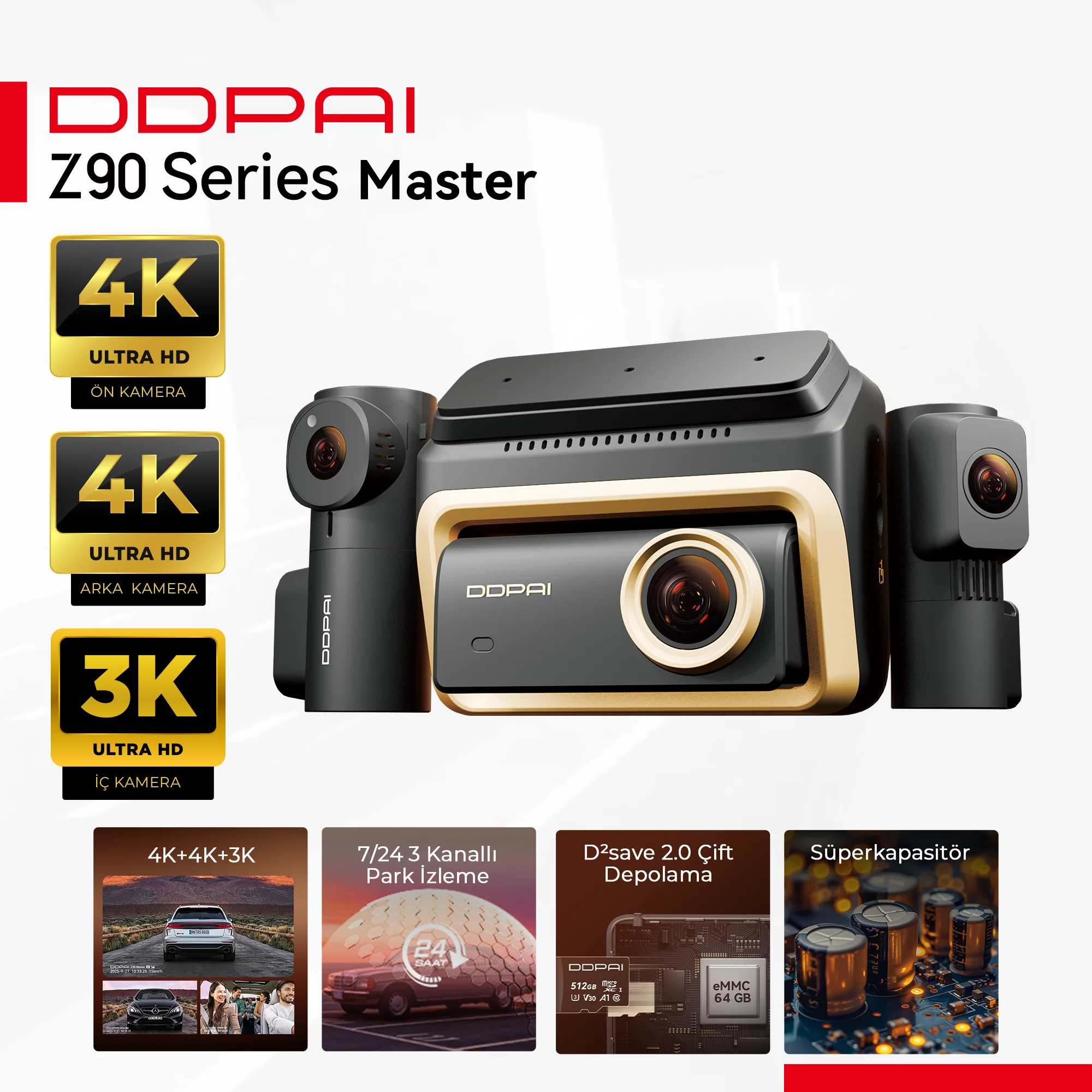 ドライビングフォース　3まい DDPAI Z90 Master Three Channel 4K Akıllı Araç İçi Kamera (Ön + Arka +