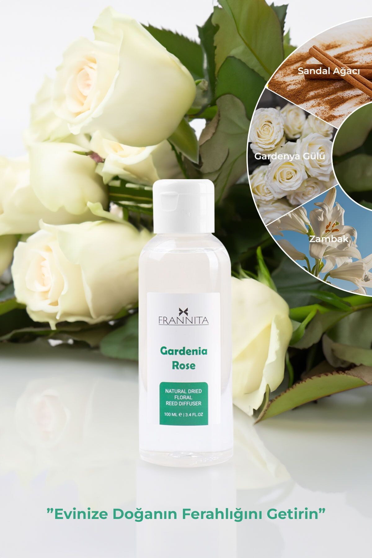 Gardenia Rose Cam Vazolu Çiçekli Refilli Dekoratif Oda Kokusu 100ml