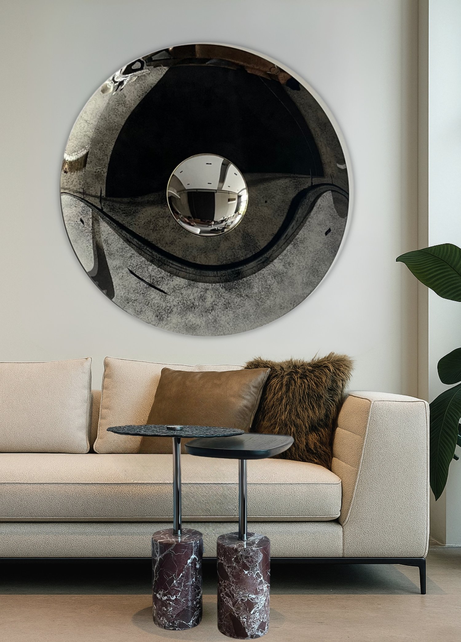 NEST VİŞNE MERMER AYAKLI CAM YAN SEHPA