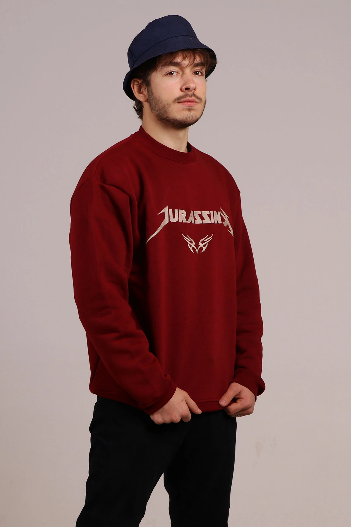 Erkek Nakış İşlemeli Bisiklet Yaka Sweatshirt