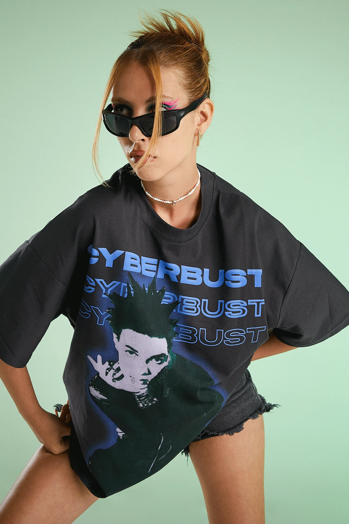 Kadın Cyber Junky Baskılı Kısa Kollu Oversize T-shirt