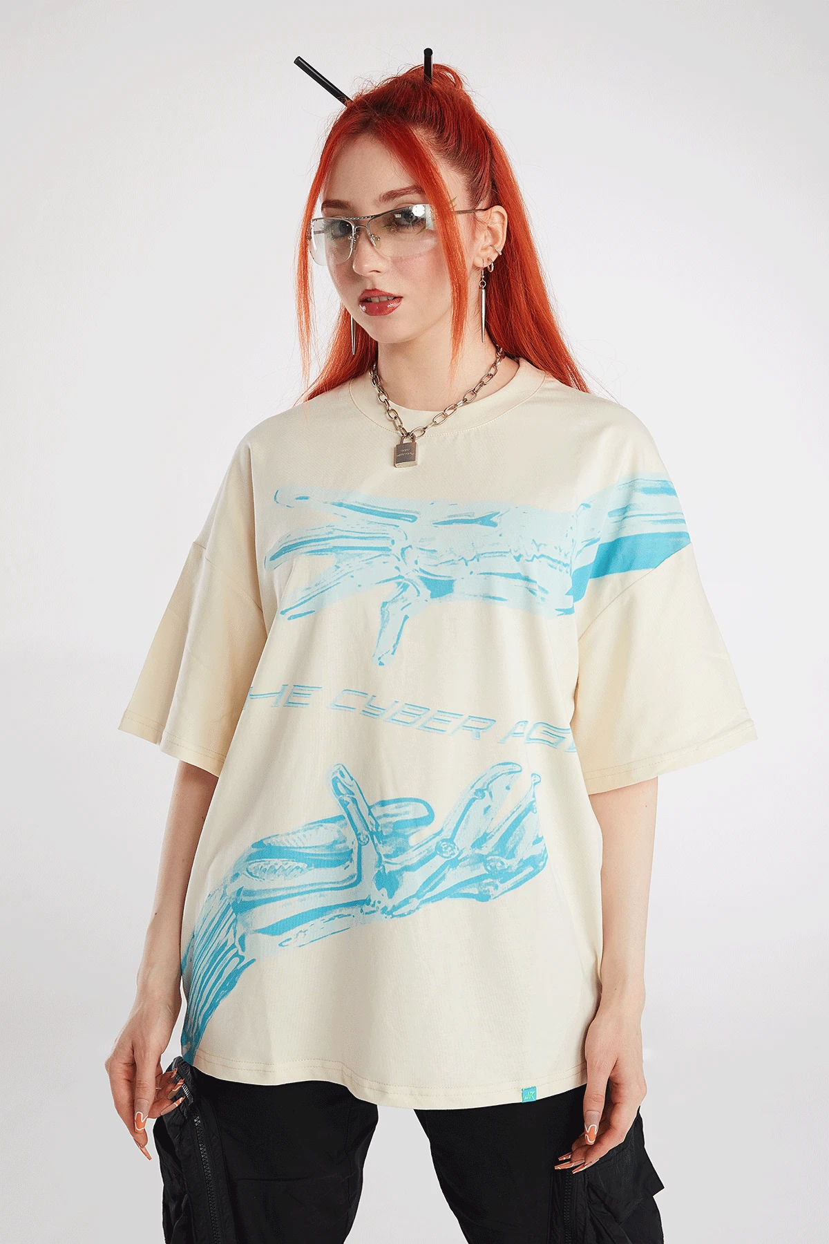 Kadın Cyber Age Baskılı Kısa Kollu Oversize T-shirt