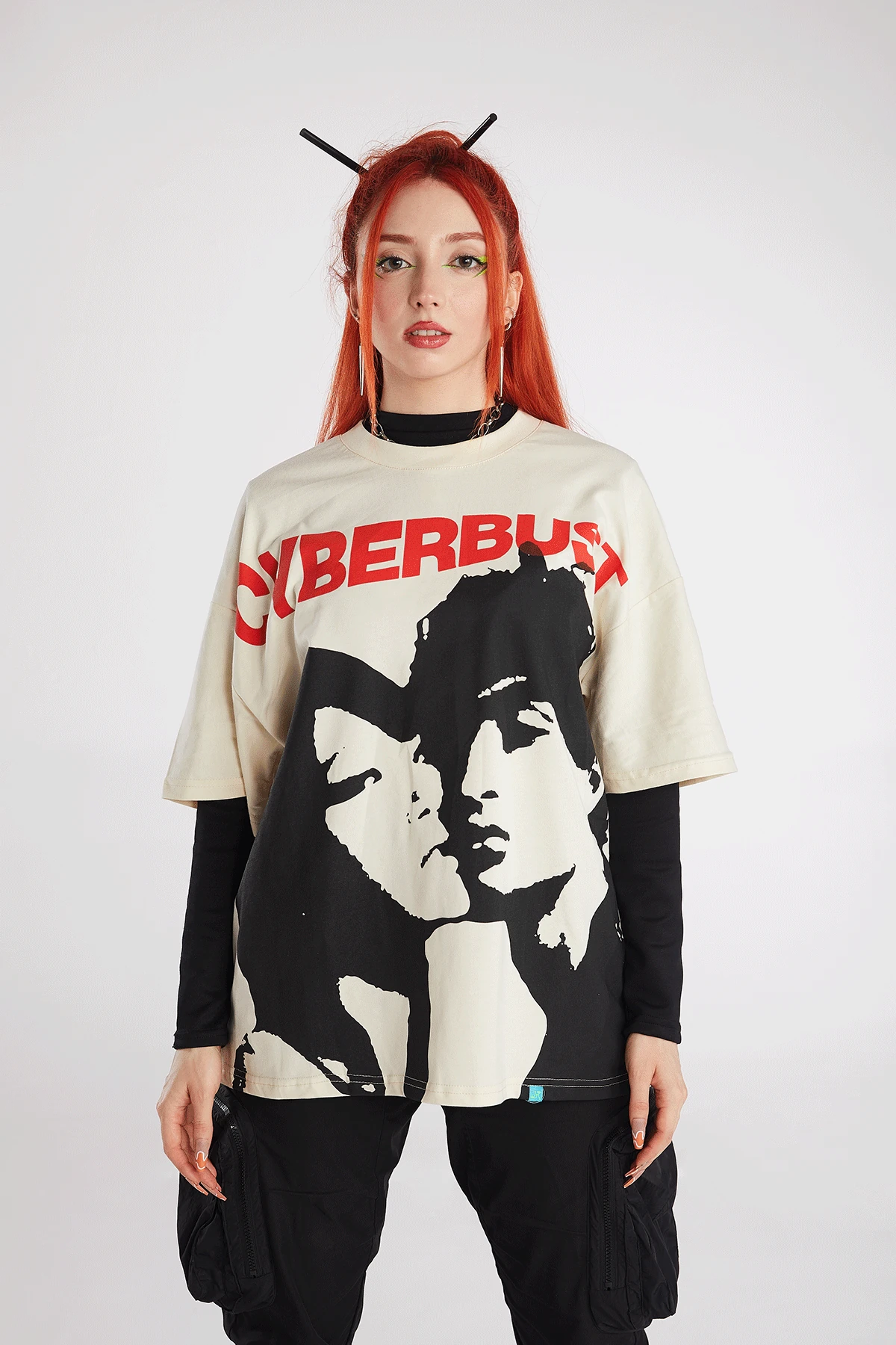 Kadın Siyah JR Baskılı Super Crop T-shirt Altı Bluz