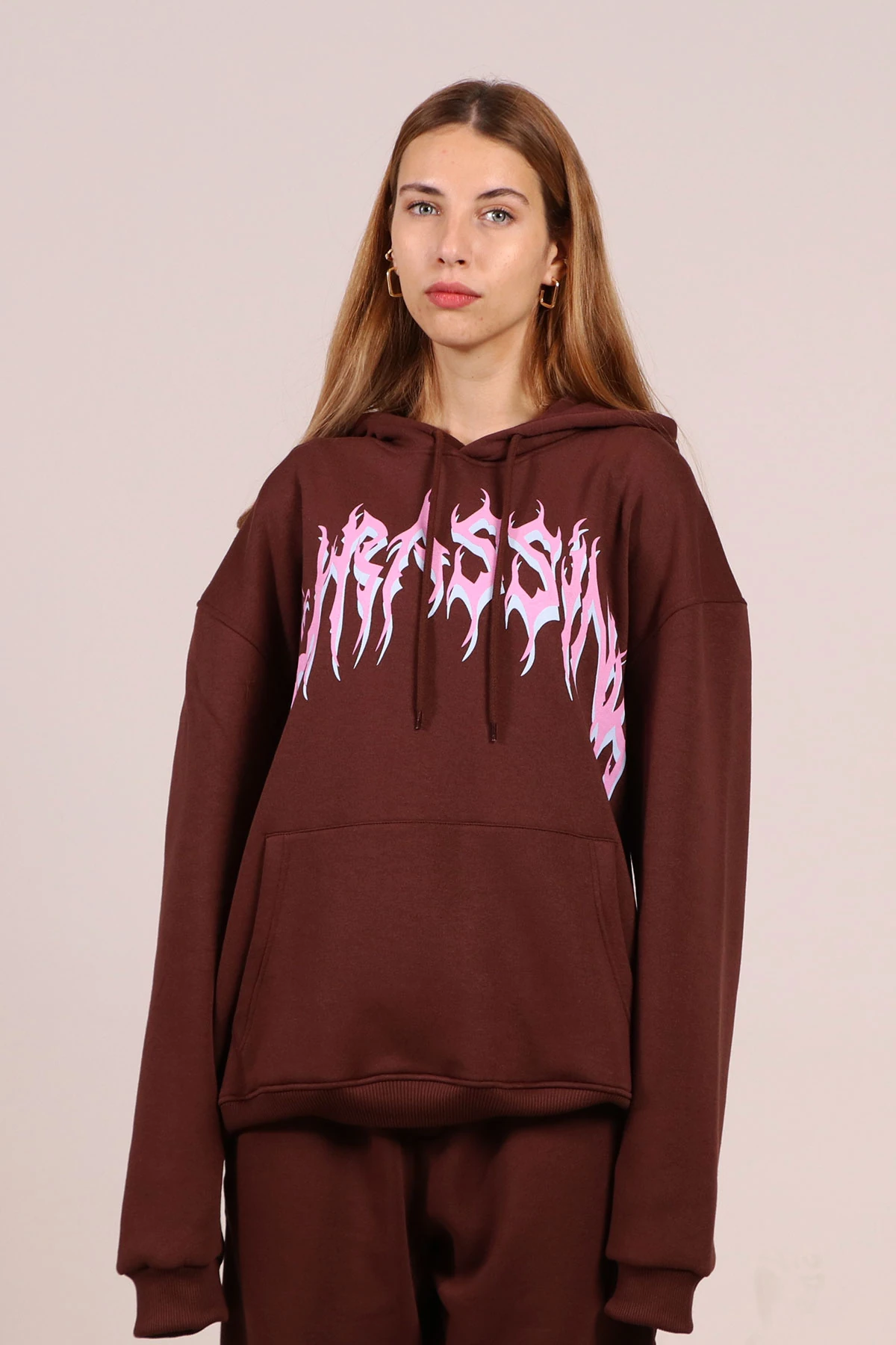 Kadın Baskılı Kapüşonlu Sweatshirt