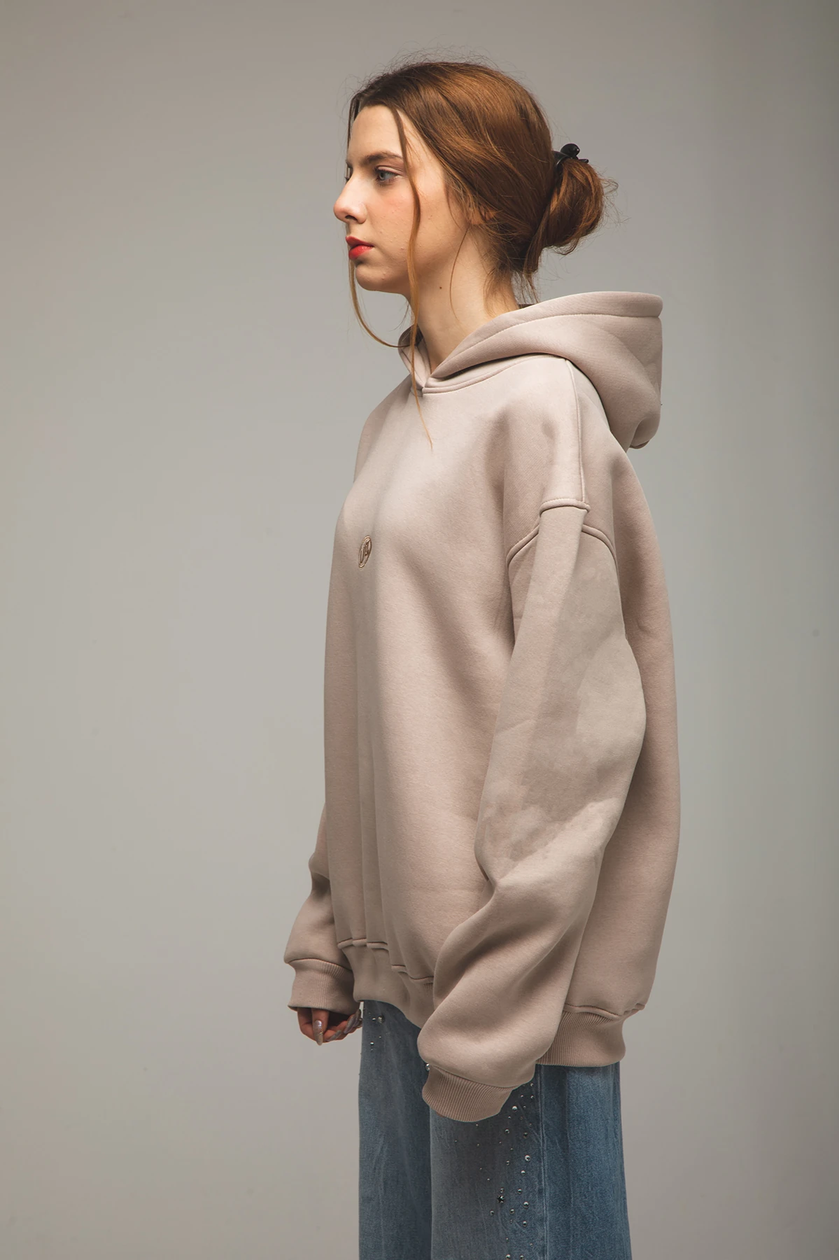 Kadın Nakış Baskılı Kapüşonlu Bej Sweatshirt