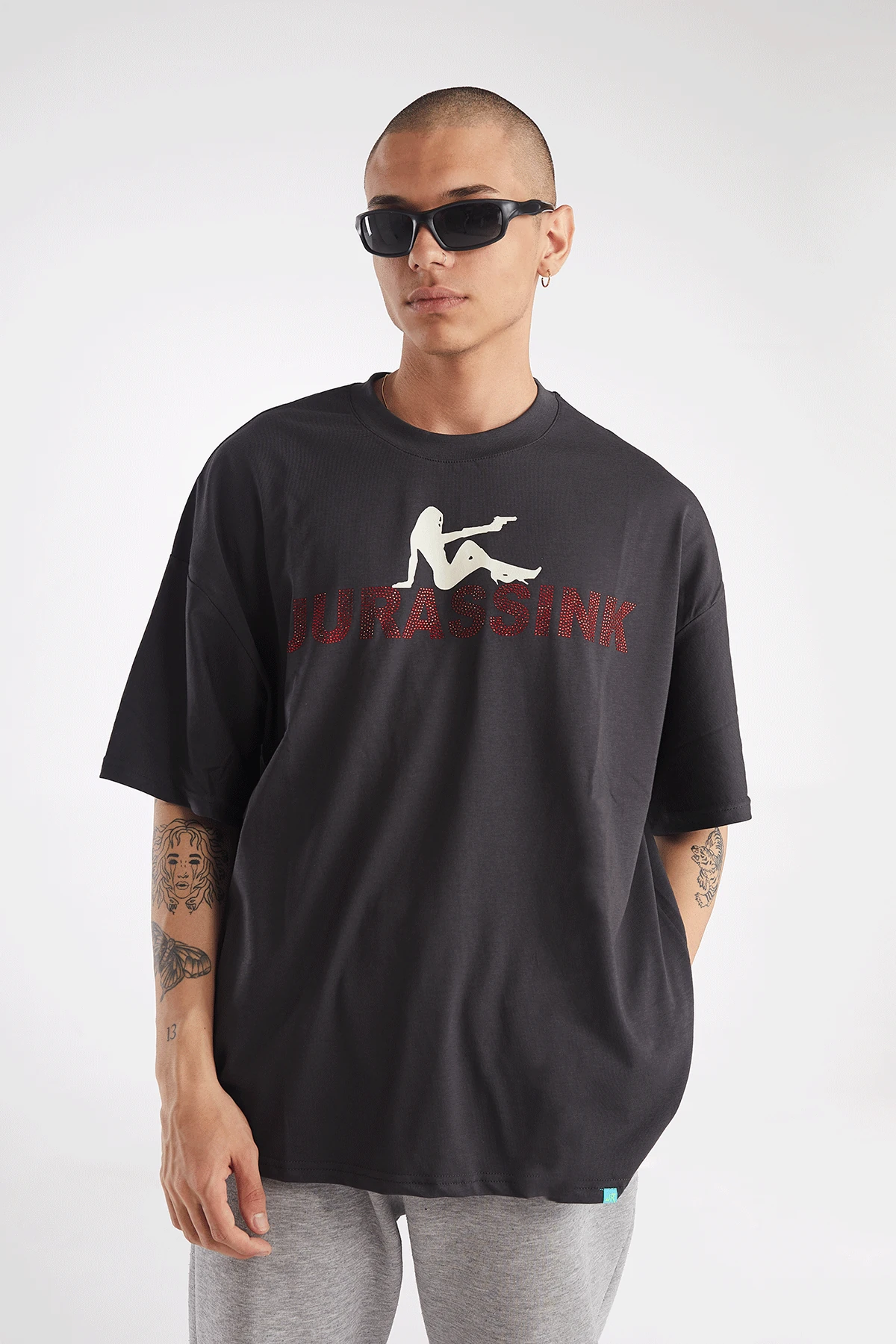 Erkek Rhinestone Baskılı Kısa Kollu Oversize T-shirt