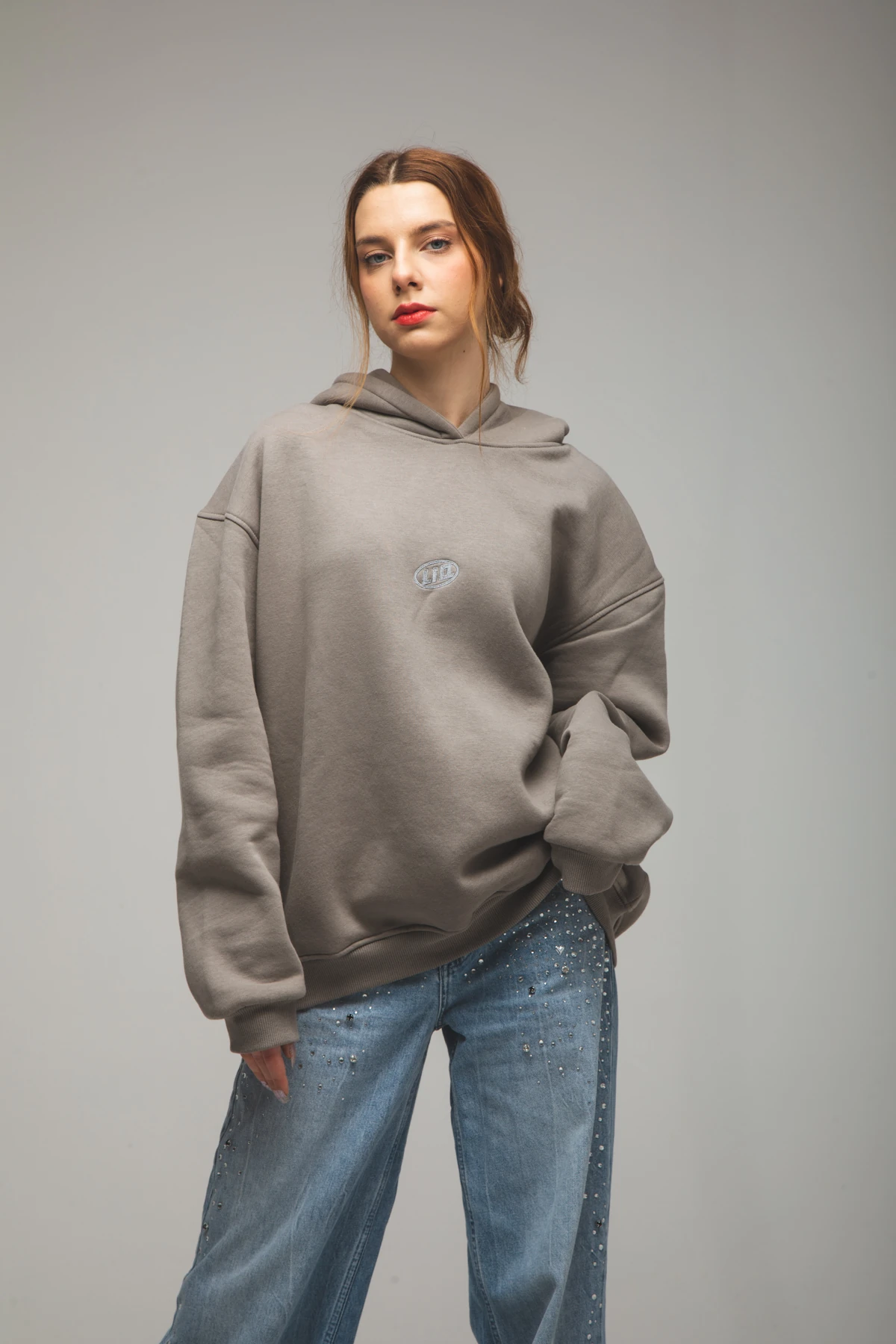 Kadın Nakış Baskılı Kapüşonlu Antrasit Sweatshirt