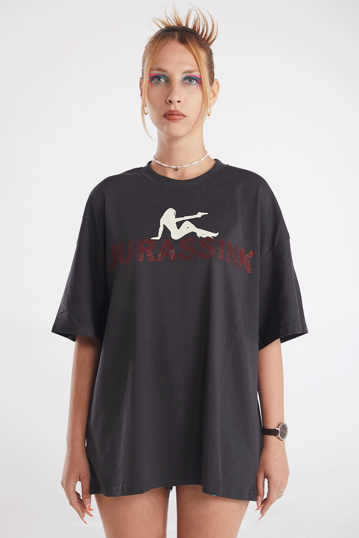 Kadın Rhinestone Baskılı Kısa Kollu Oversize T-shirt
