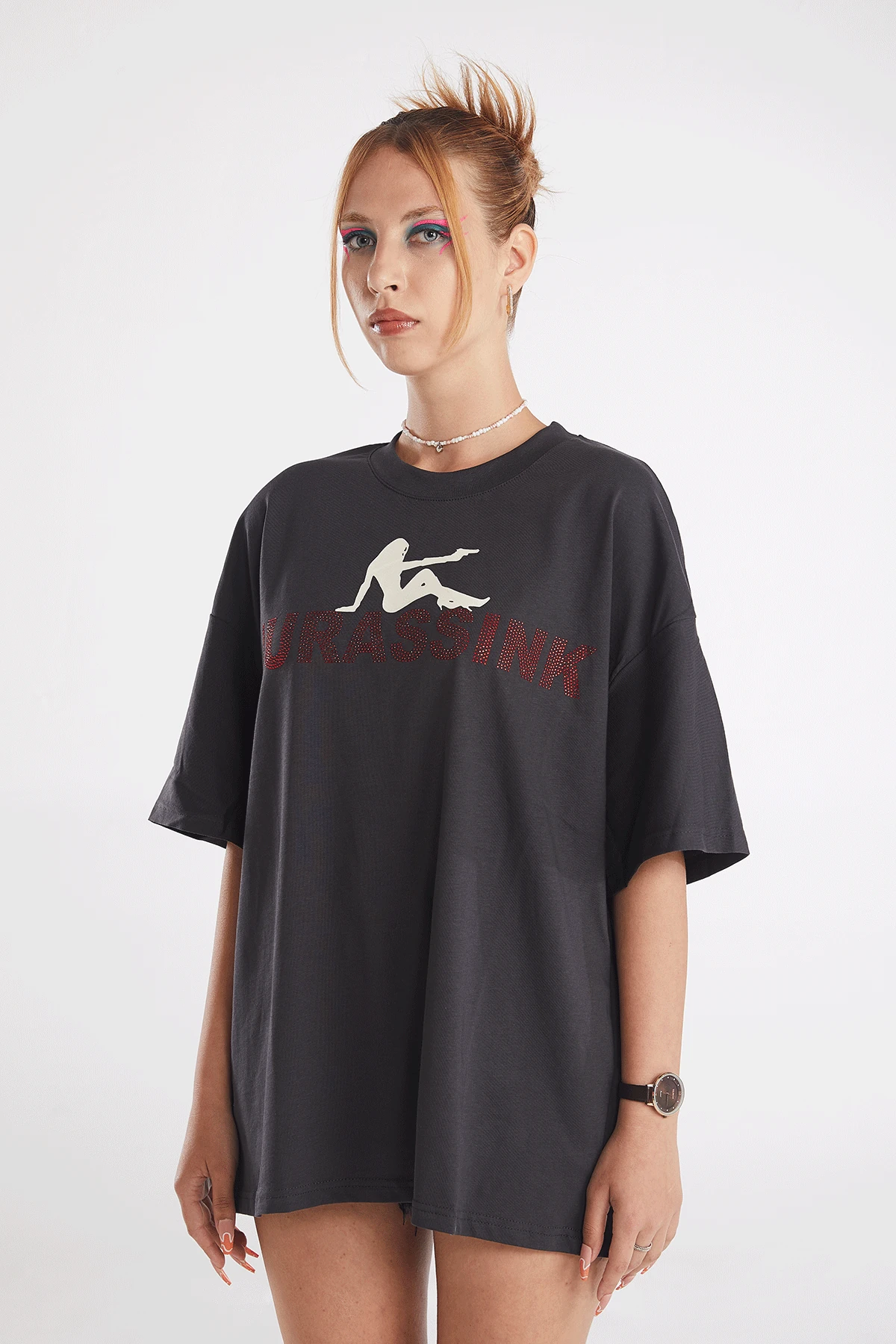 Kadın Rhinestone Baskılı Kısa Kollu Oversize T-shirt