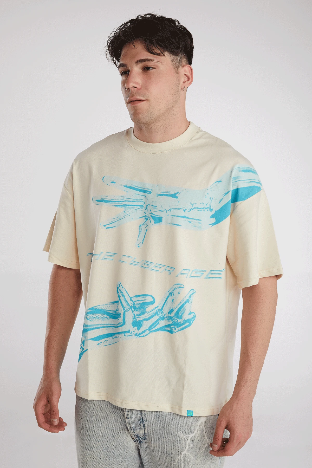 Erkek Cyber Age Baskılı Kısa Kollu Oversize T-shirt