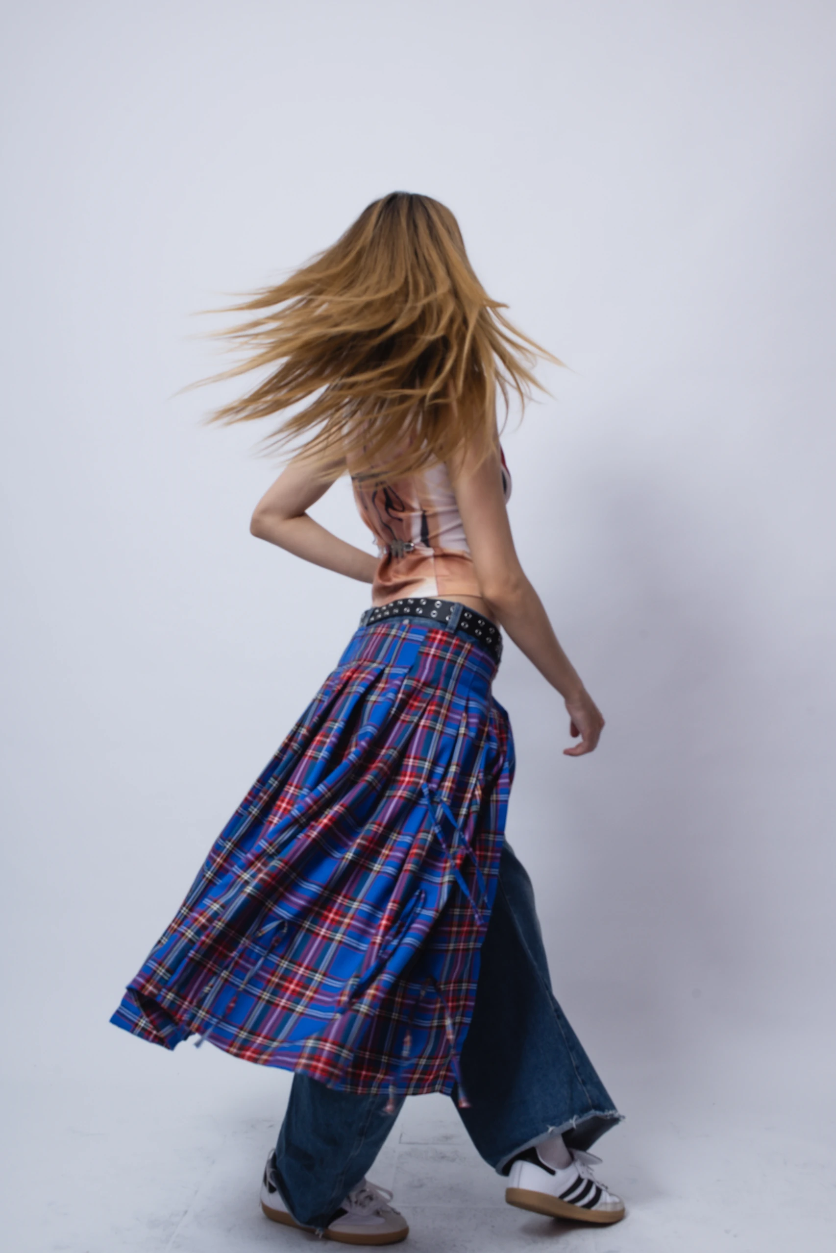 Kobalt Mavi Ekose Kadın Layer Kemer