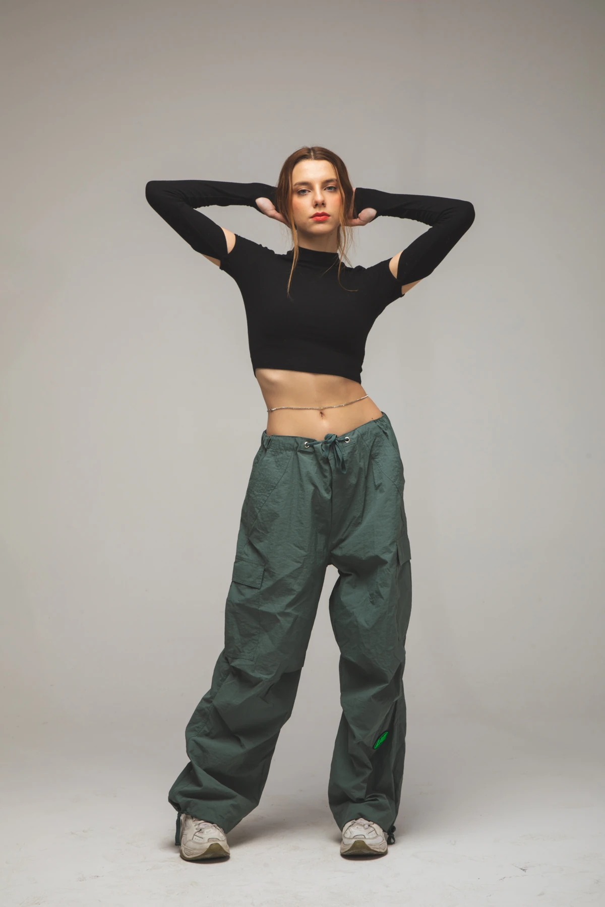 Kadın Patch Baskılı Wide Leg Haki Paraşüt Pantolon