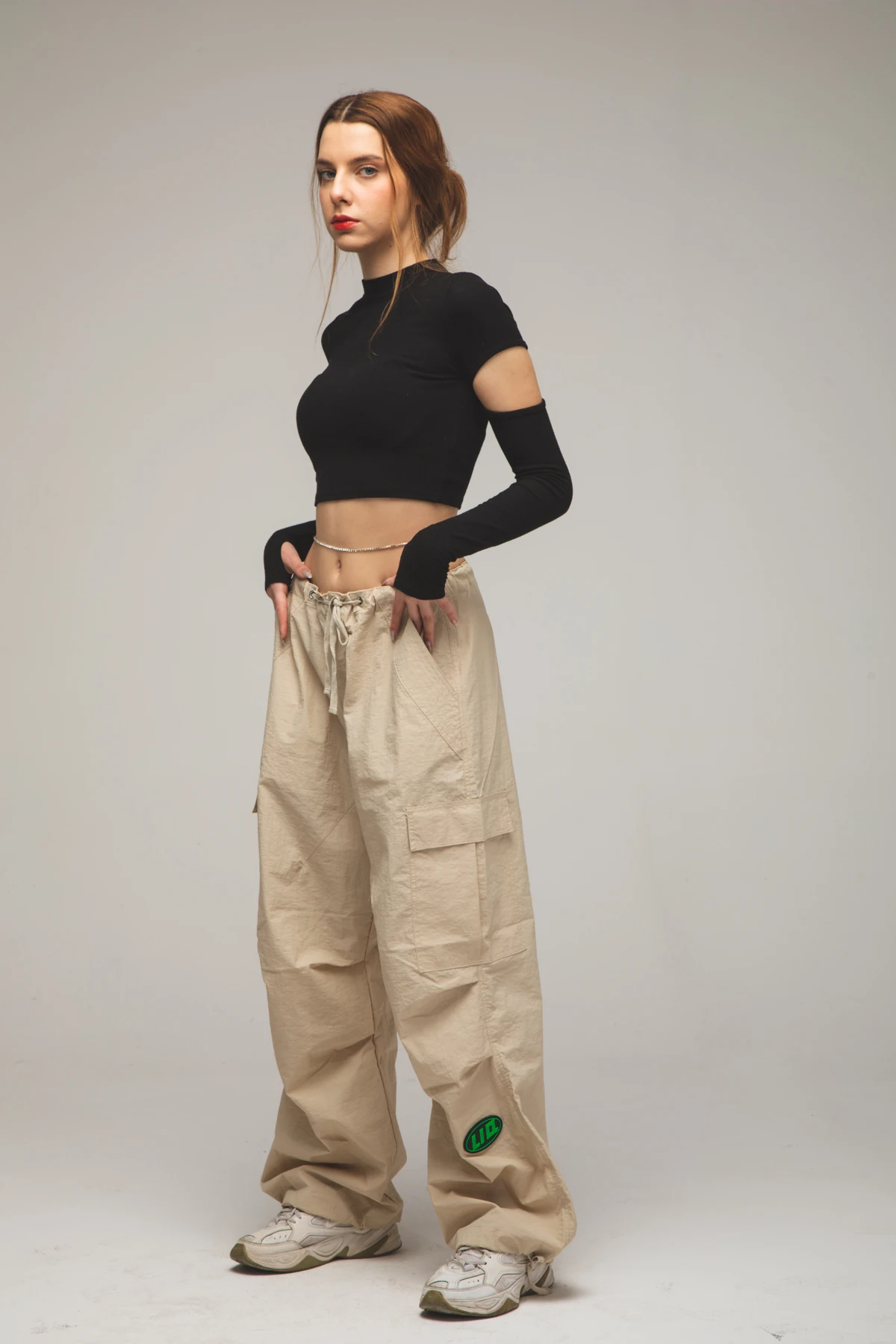 Kadın Patch Baskılı Wide Leg Bej Paraşüt Pantolon