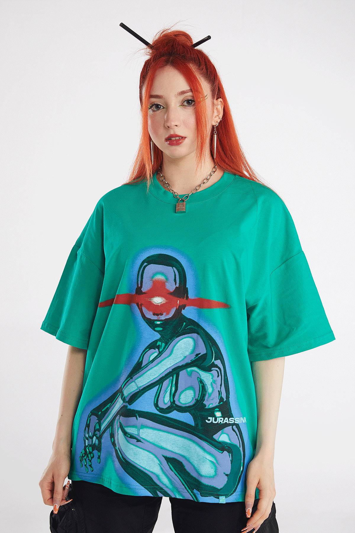 Kadın Green Spect Baskılı Kısa Kollu Oversize T-shirt
