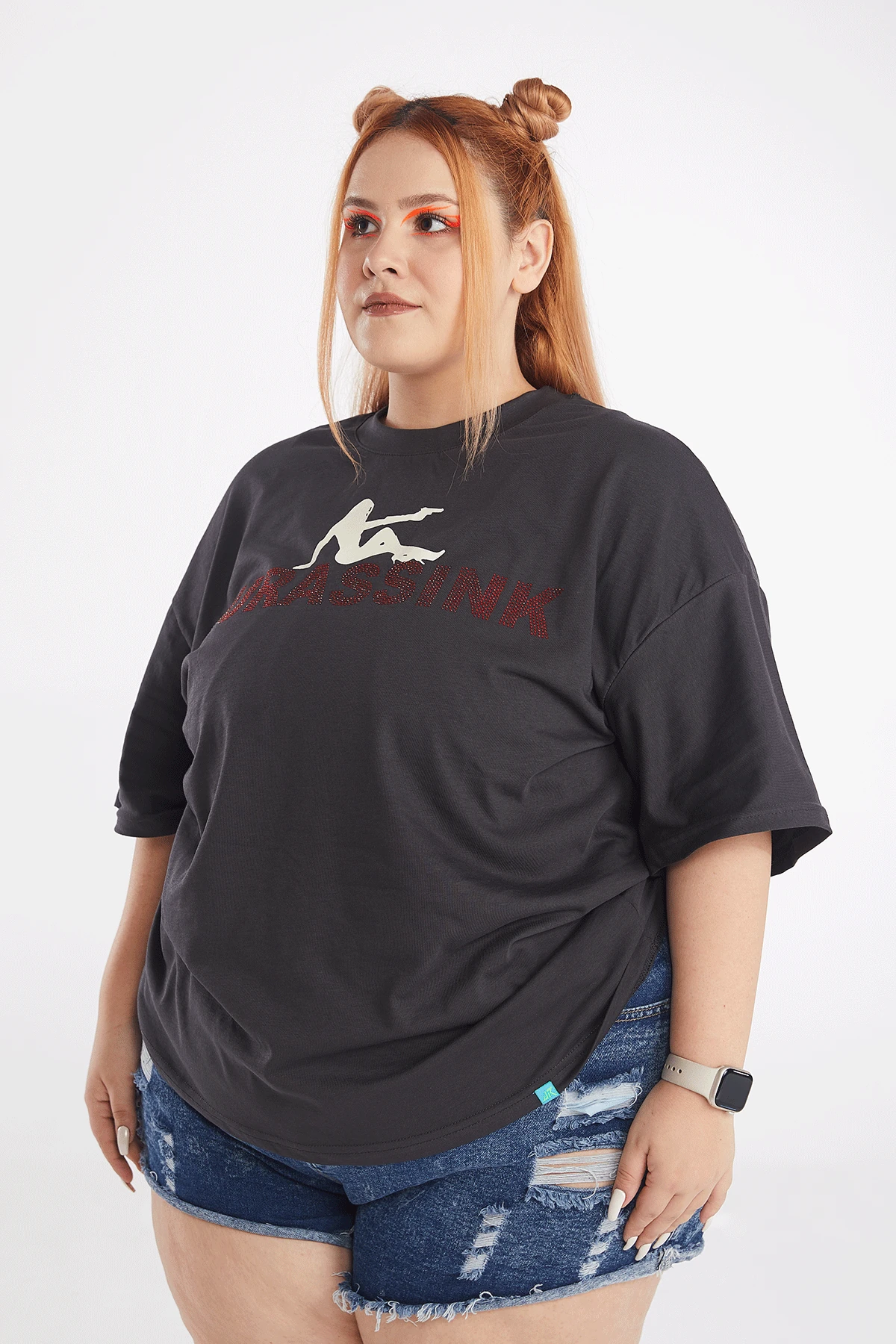 Kadın Rhinestone Baskılı Kısa Kollu Oversize T-shirt