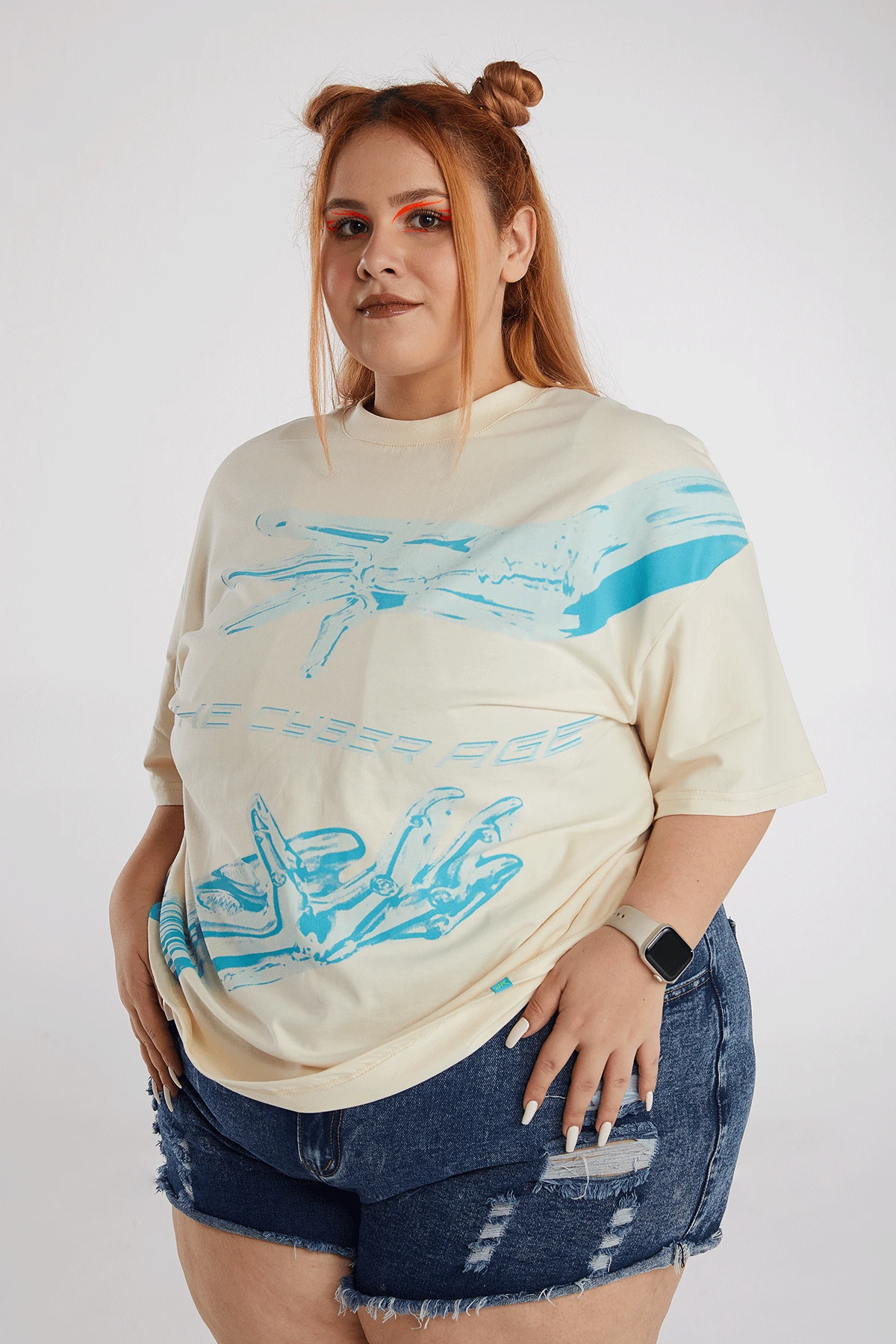 Kadın Cyber Age Baskılı Kısa Kollu Oversize T-shirt