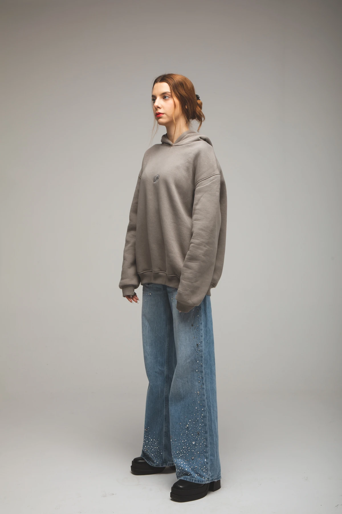 Kadın Nakış Baskılı Kapüşonlu Antrasit Sweatshirt