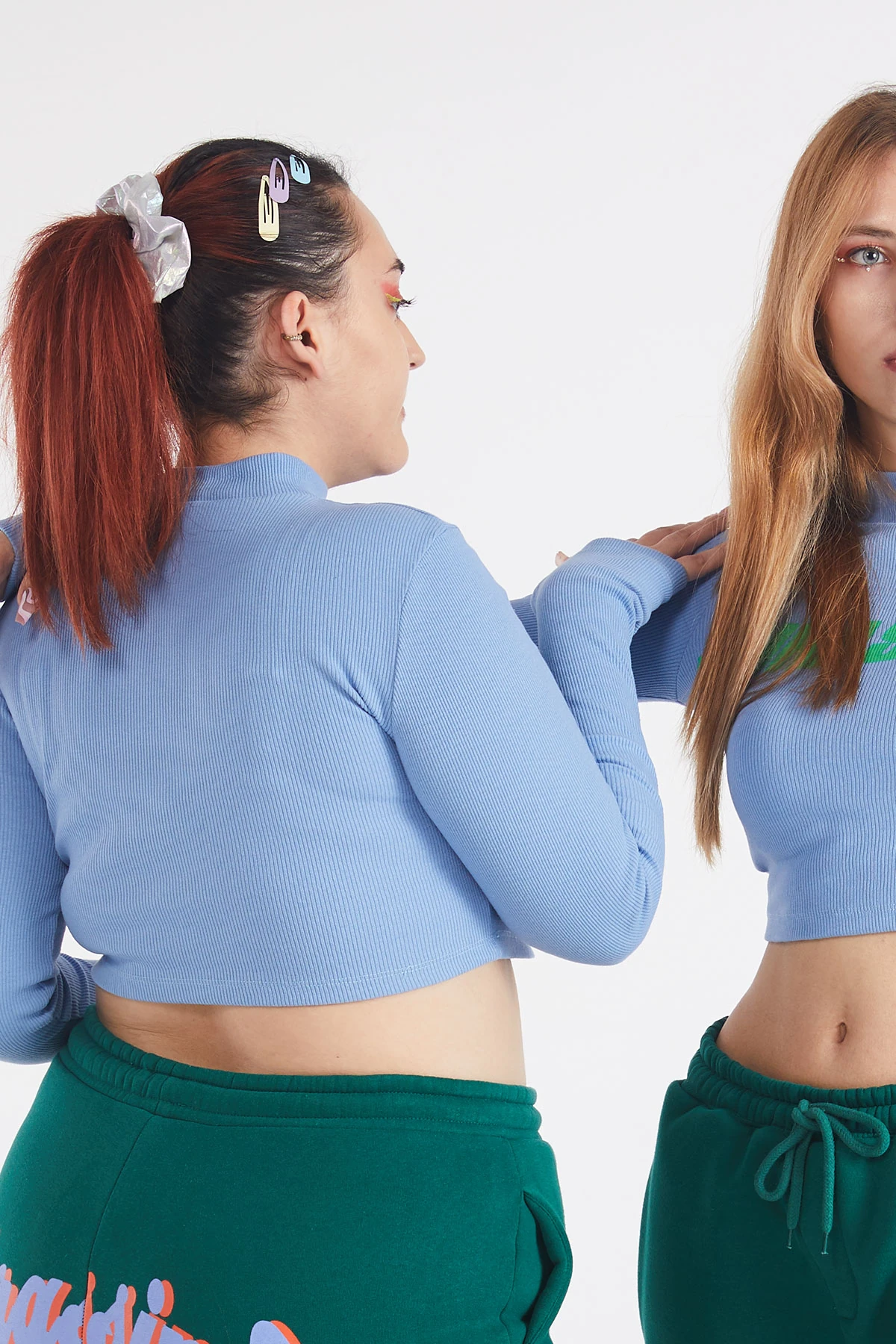 Balıkçı Yaka Uzun Kollu Patch Baskılı Crop Bluz