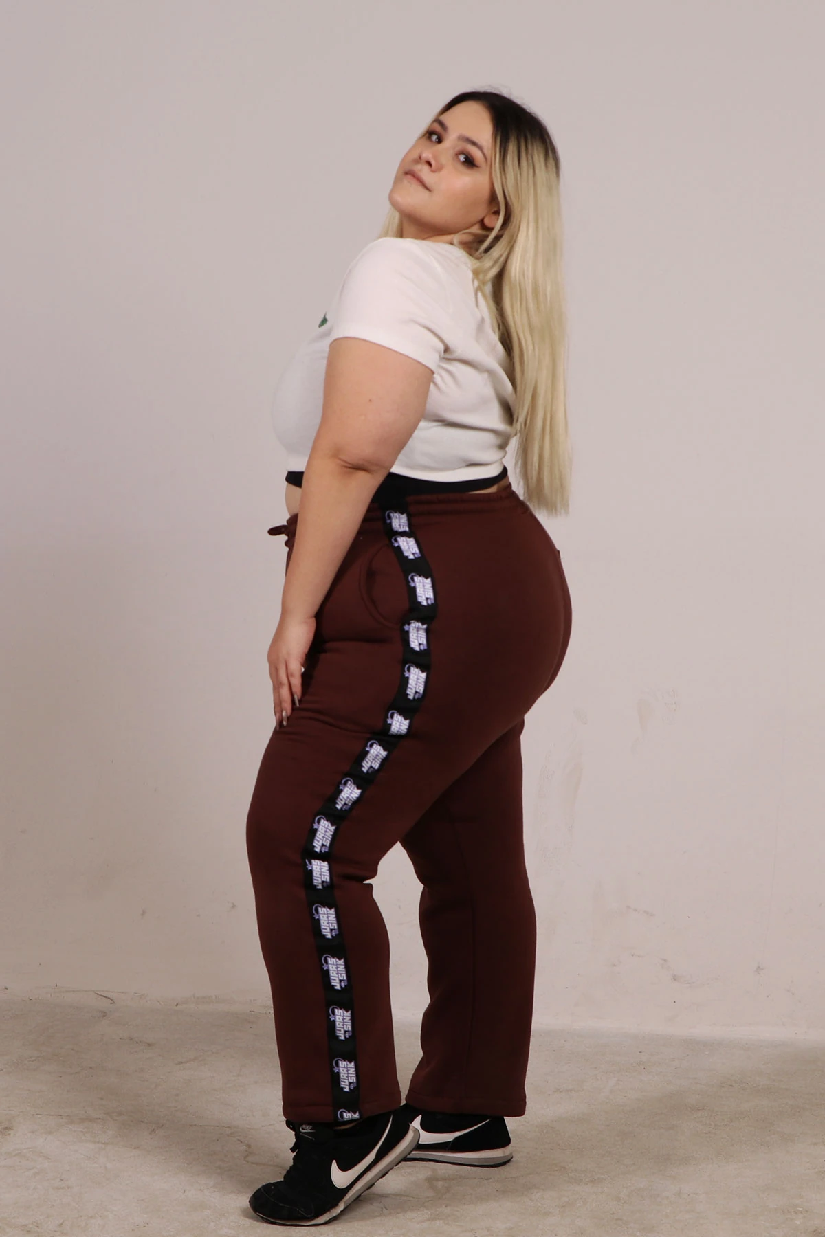 Kadın Kahverengi Şeritli Wide Leg Eşofman Altı