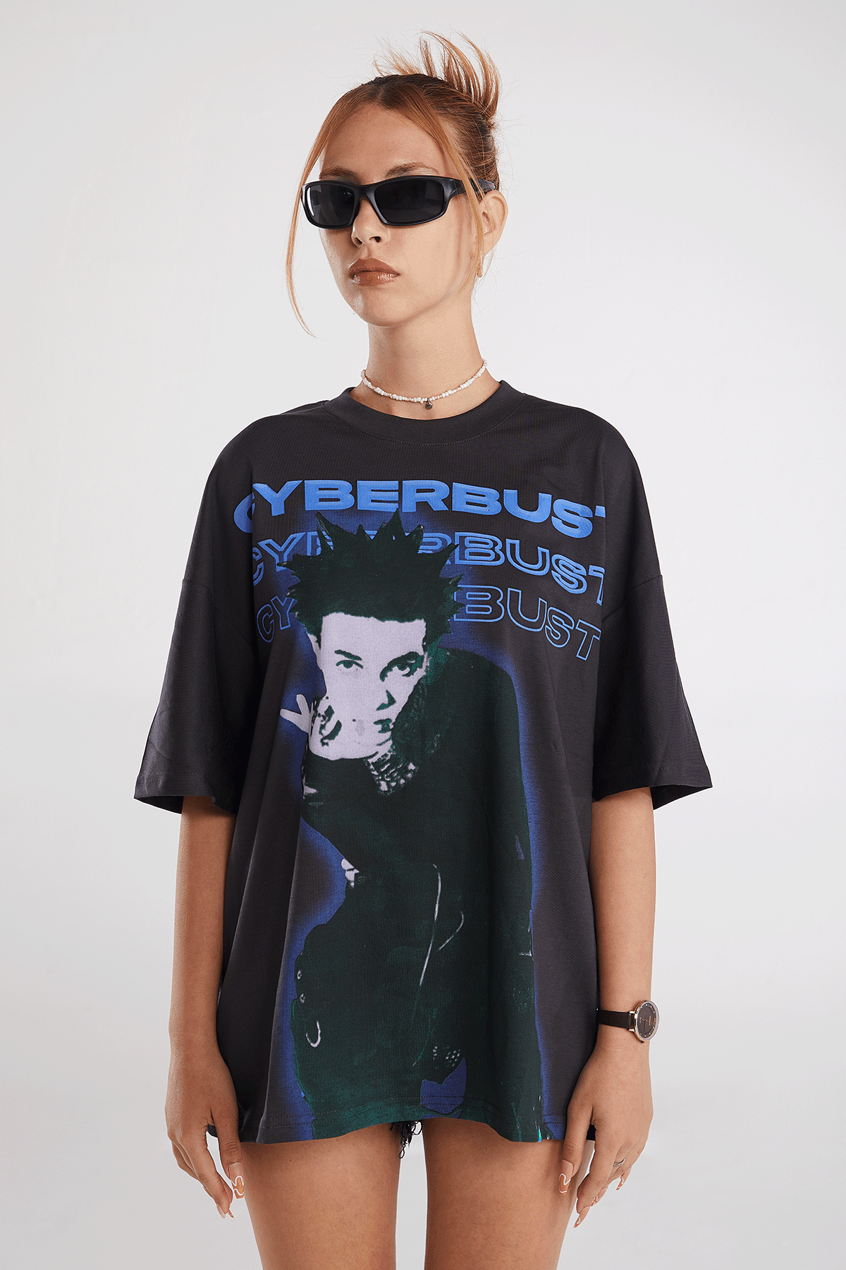 Kadın Cyber Junky Baskılı Kısa Kollu Oversize T-shirt