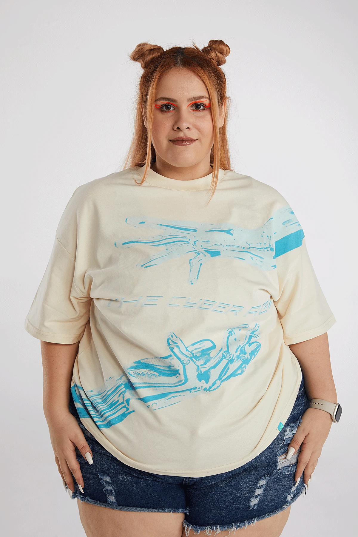 Kadın Cyber Age Baskılı Kısa Kollu Oversize T-shirt