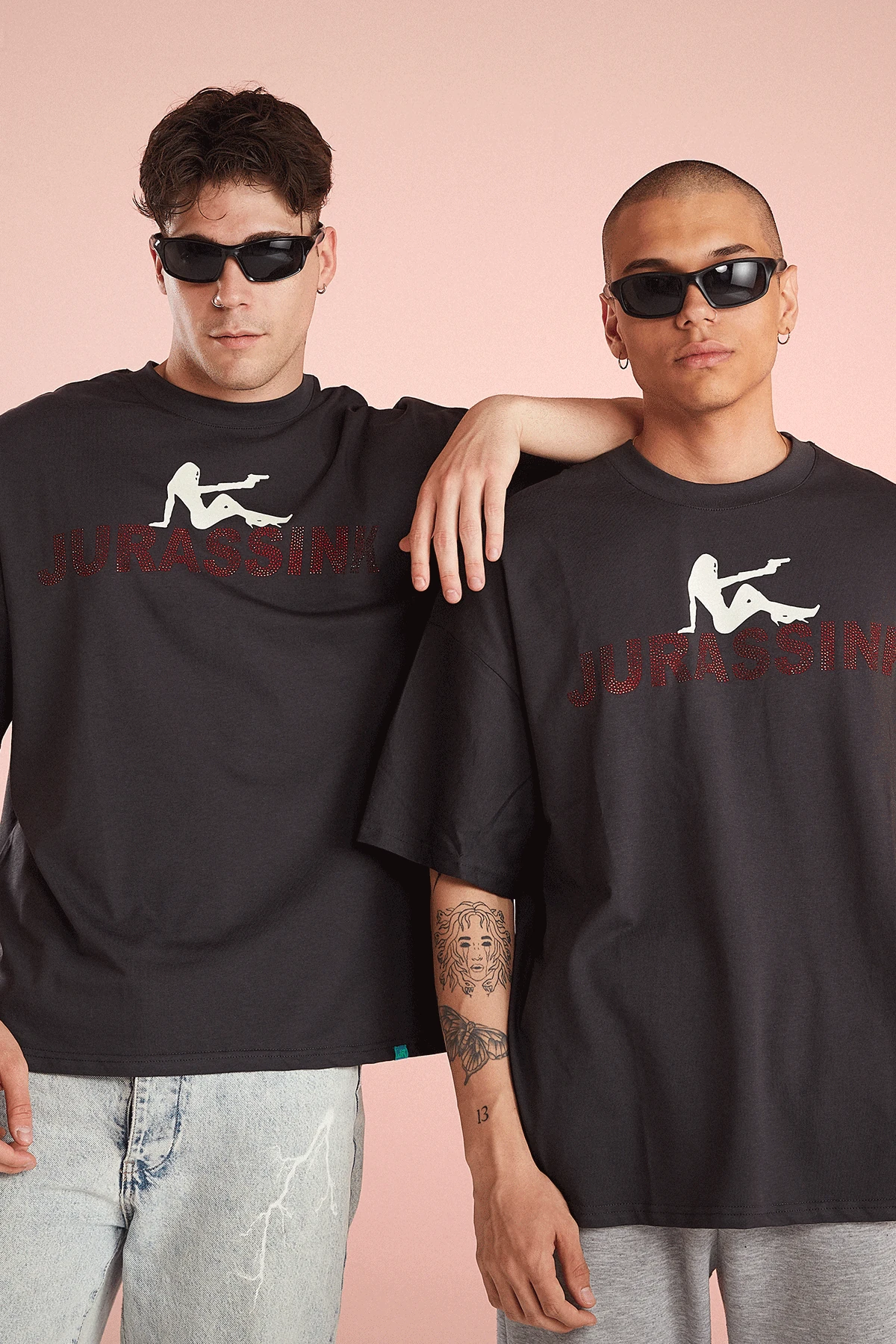 Erkek Rhinestone Baskılı Kısa Kollu Oversize T-shirt