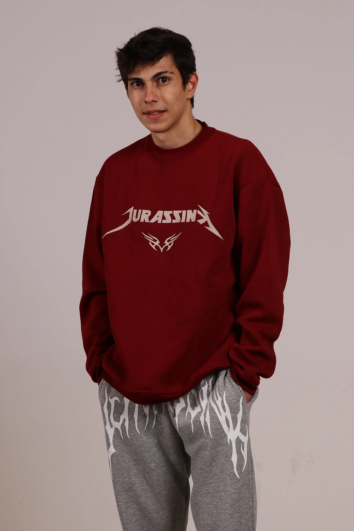 Erkek Nakış İşlemeli Bisiklet Yaka Sweatshirt