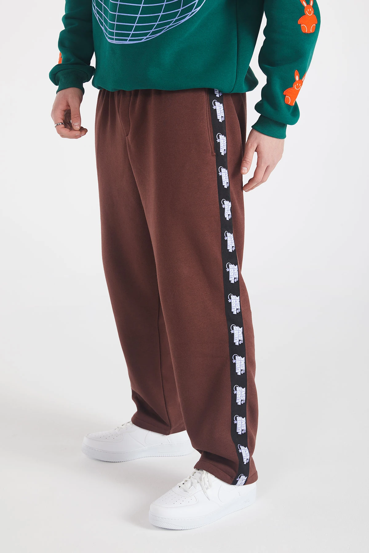 Erkek Kahverengi Şeritli Wide Leg Eşofman Altı