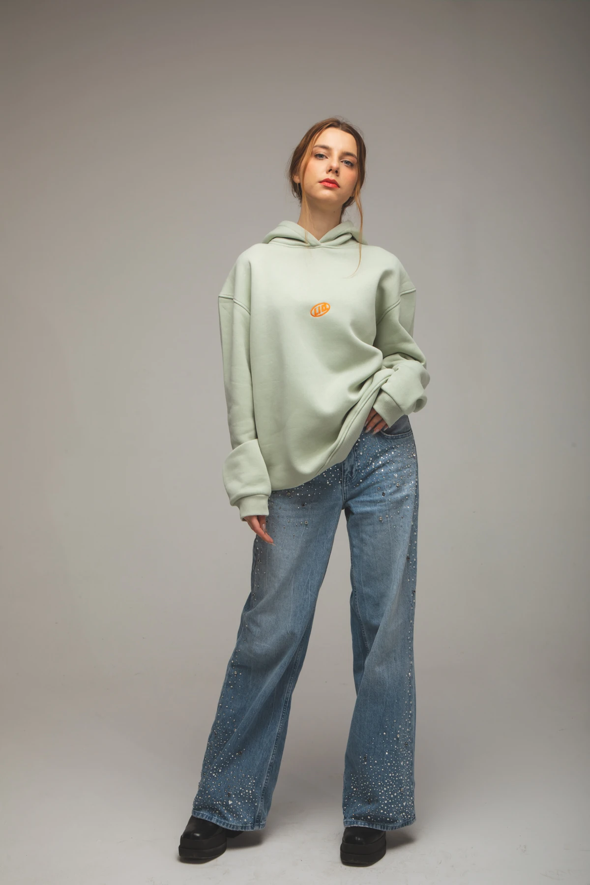 Kadın Nakış Baskılı Kapüşonlu Mint Sweatshirt