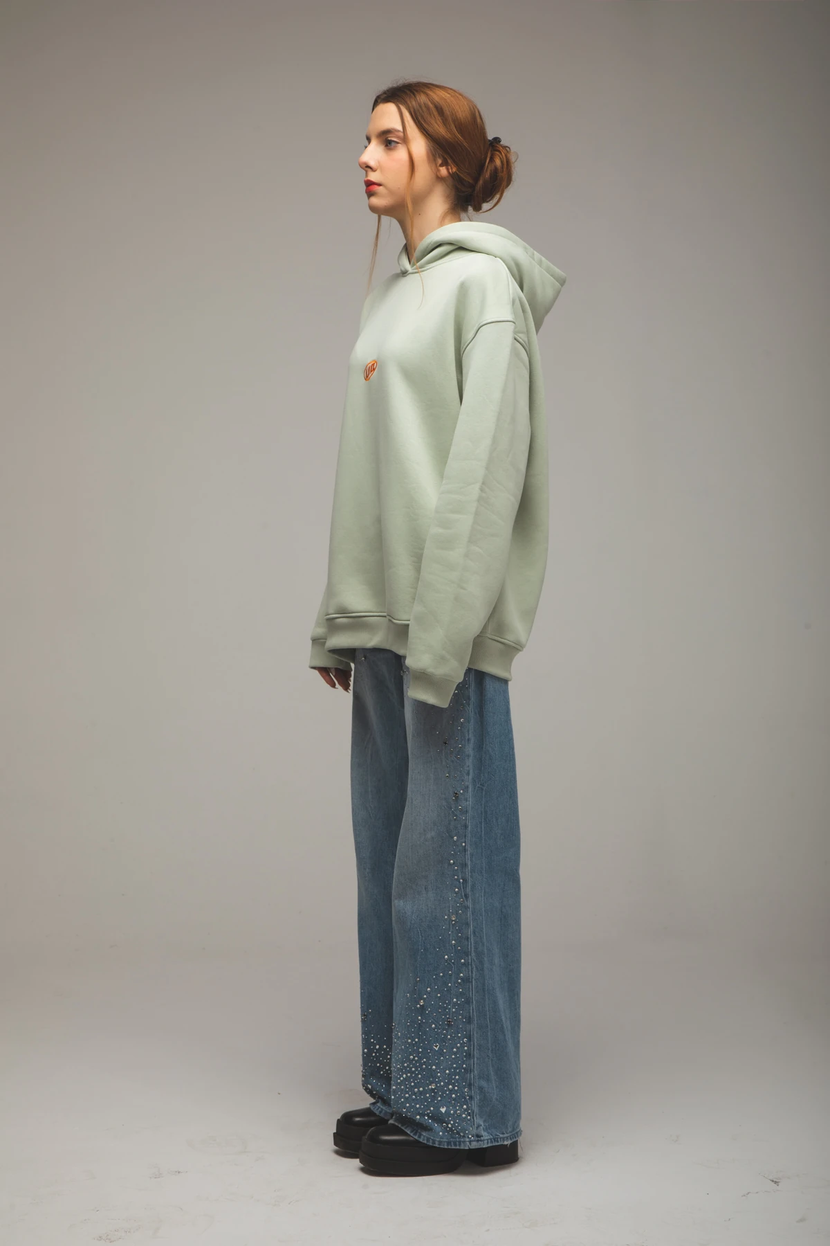 Kadın Nakış Baskılı Kapüşonlu Mint Sweatshirt