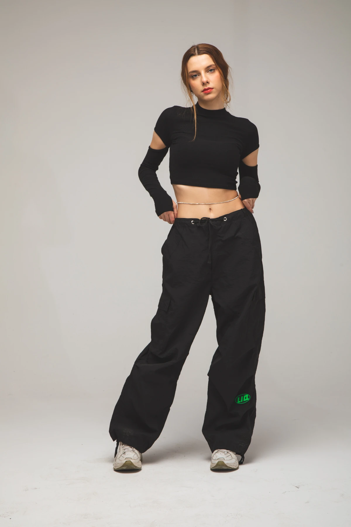 Kadın Patch Baskılı Wide Leg Siyah Paraşüt Pantolon