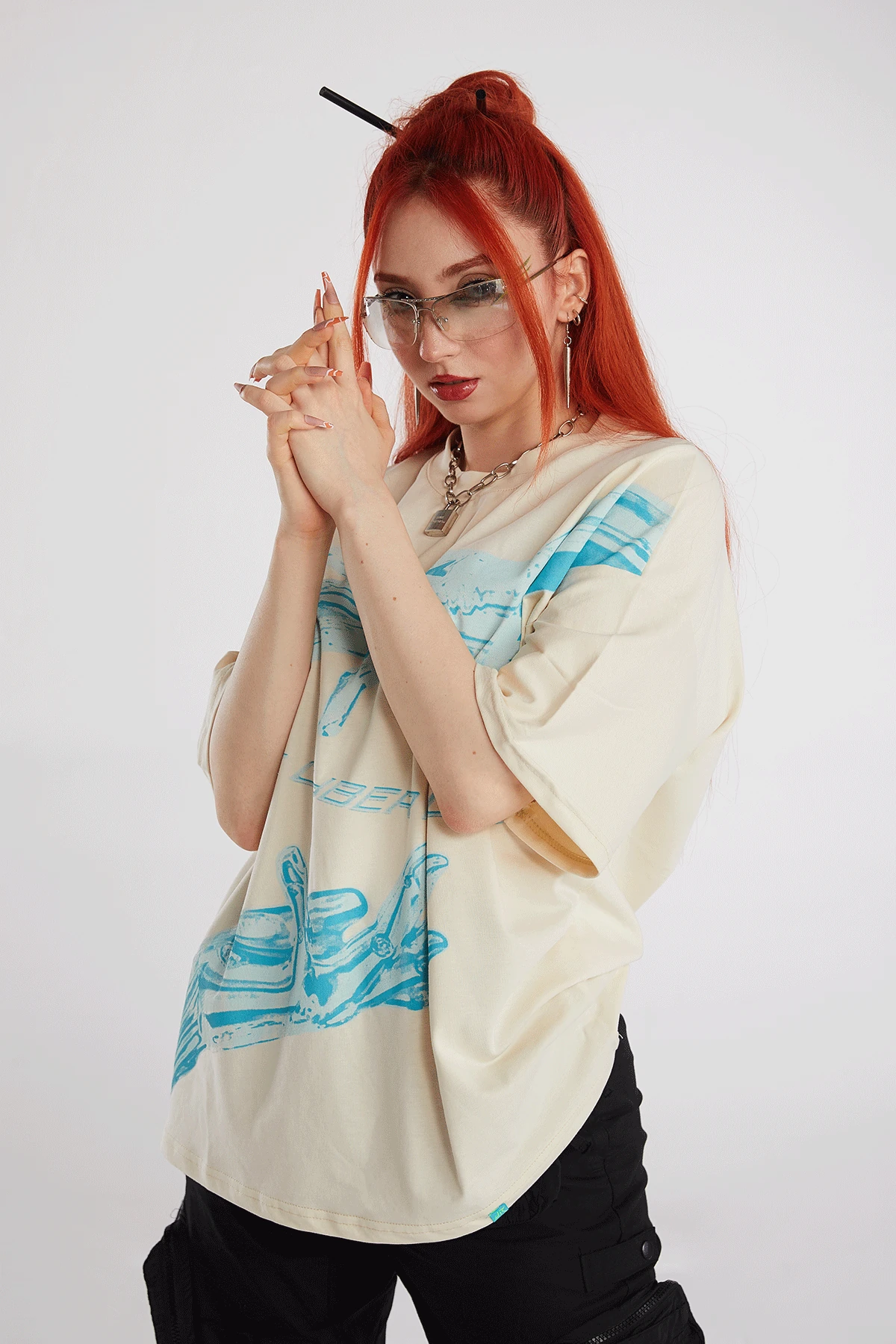 Kadın Cyber Age Baskılı Kısa Kollu Oversize T-shirt