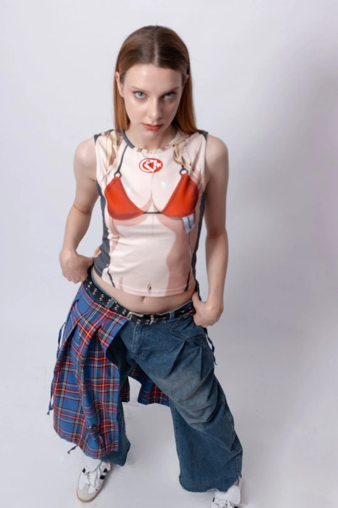 Kobalt Mavi Ekose Kadın Layer Kemer