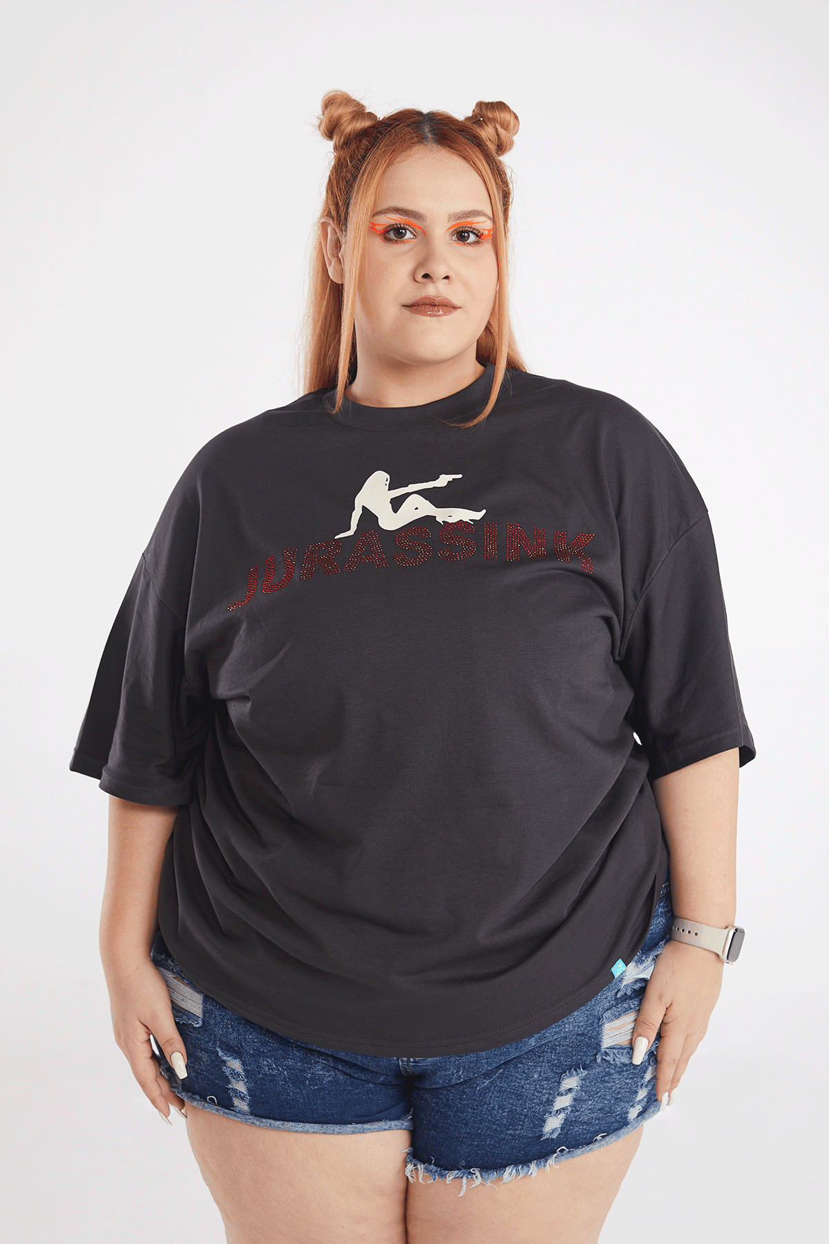 Kadın Rhinestone Baskılı Kısa Kollu Oversize T-shirt