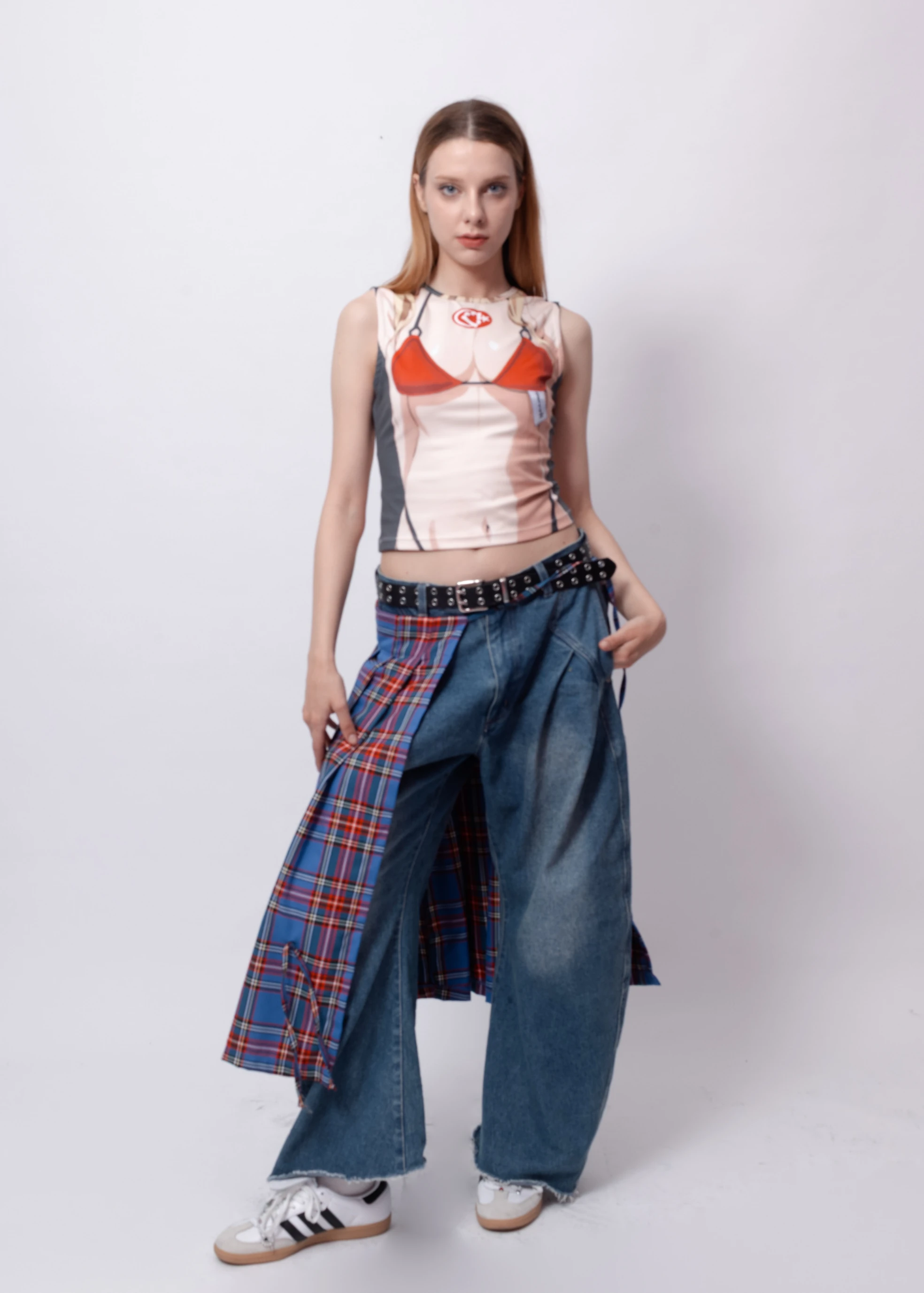 Kobalt Mavi Ekose Kadın Layer Kemer