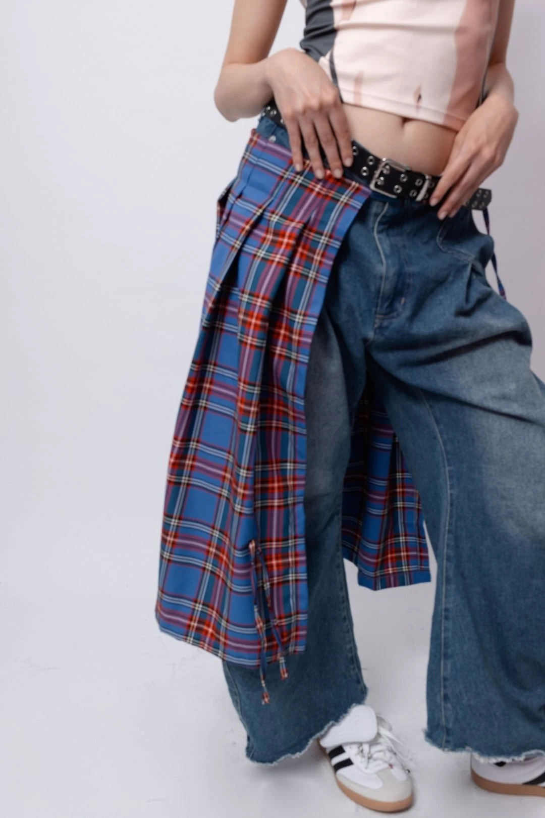 Kobalt Mavi Ekose Kadın Layer Kemer