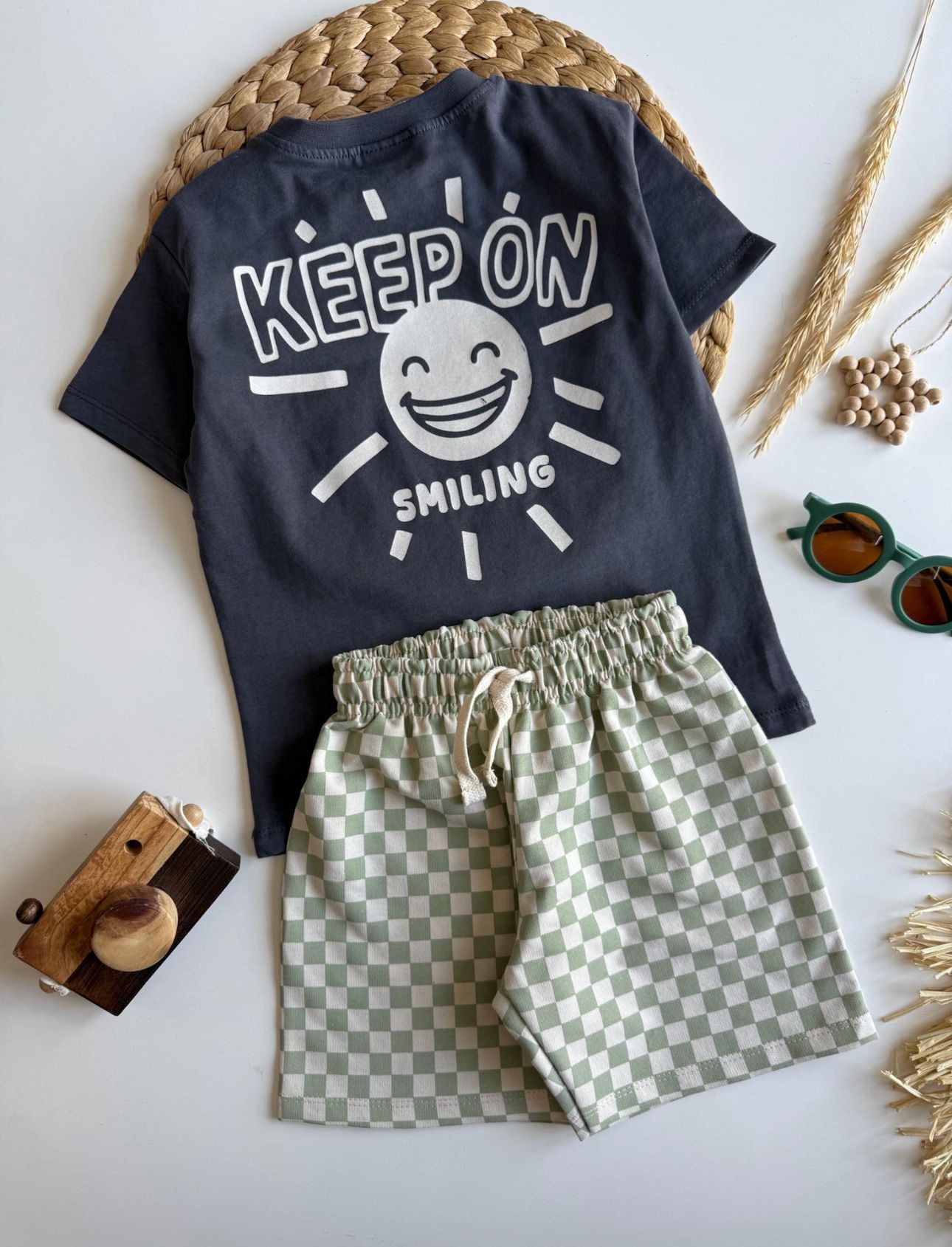 Smile Baskı Kare Şortlu Takım