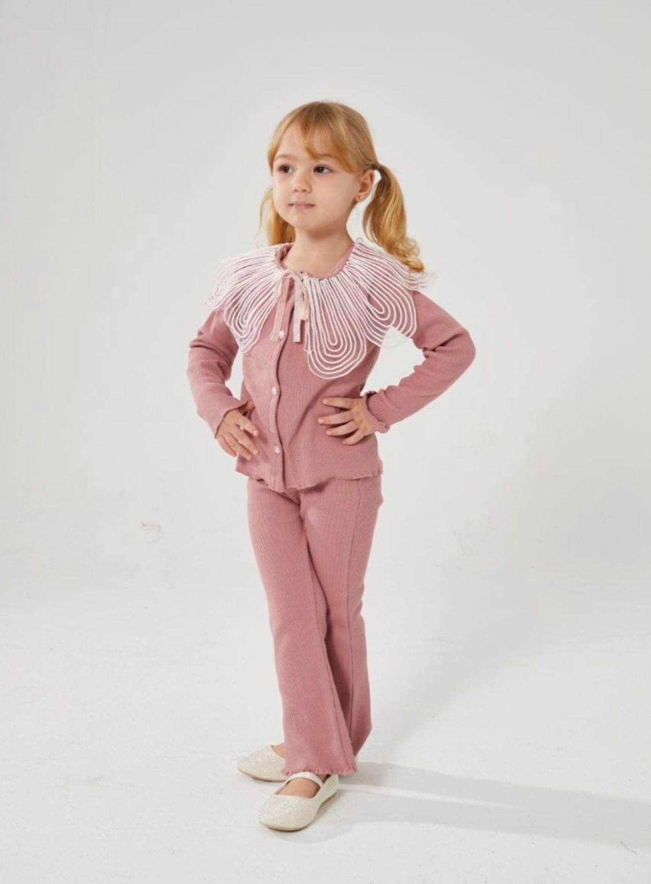 Yaka Detay Fitilli Takım - Pudra 