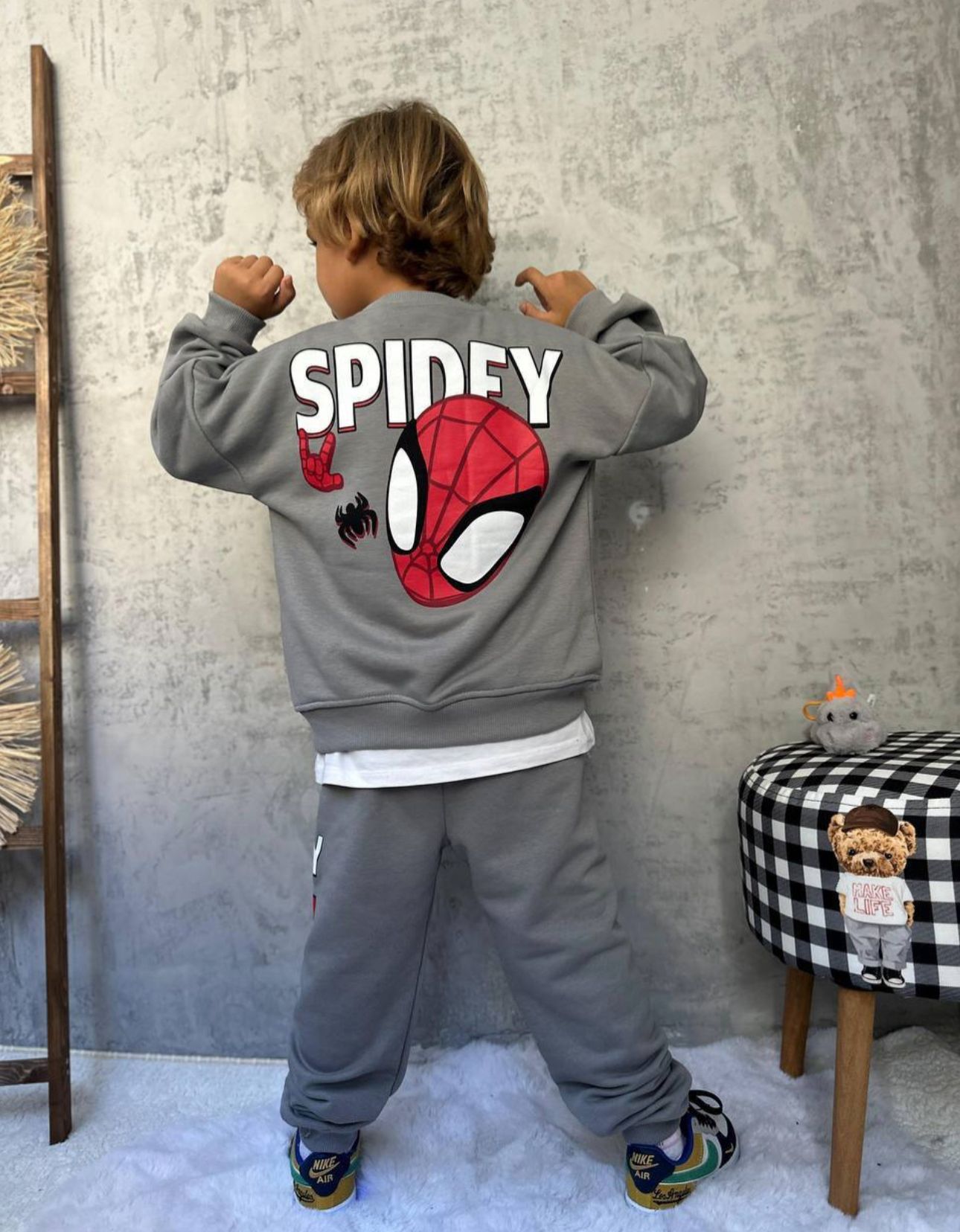SpiderMan Kanguru Cep Eşofman Takımı-Gri