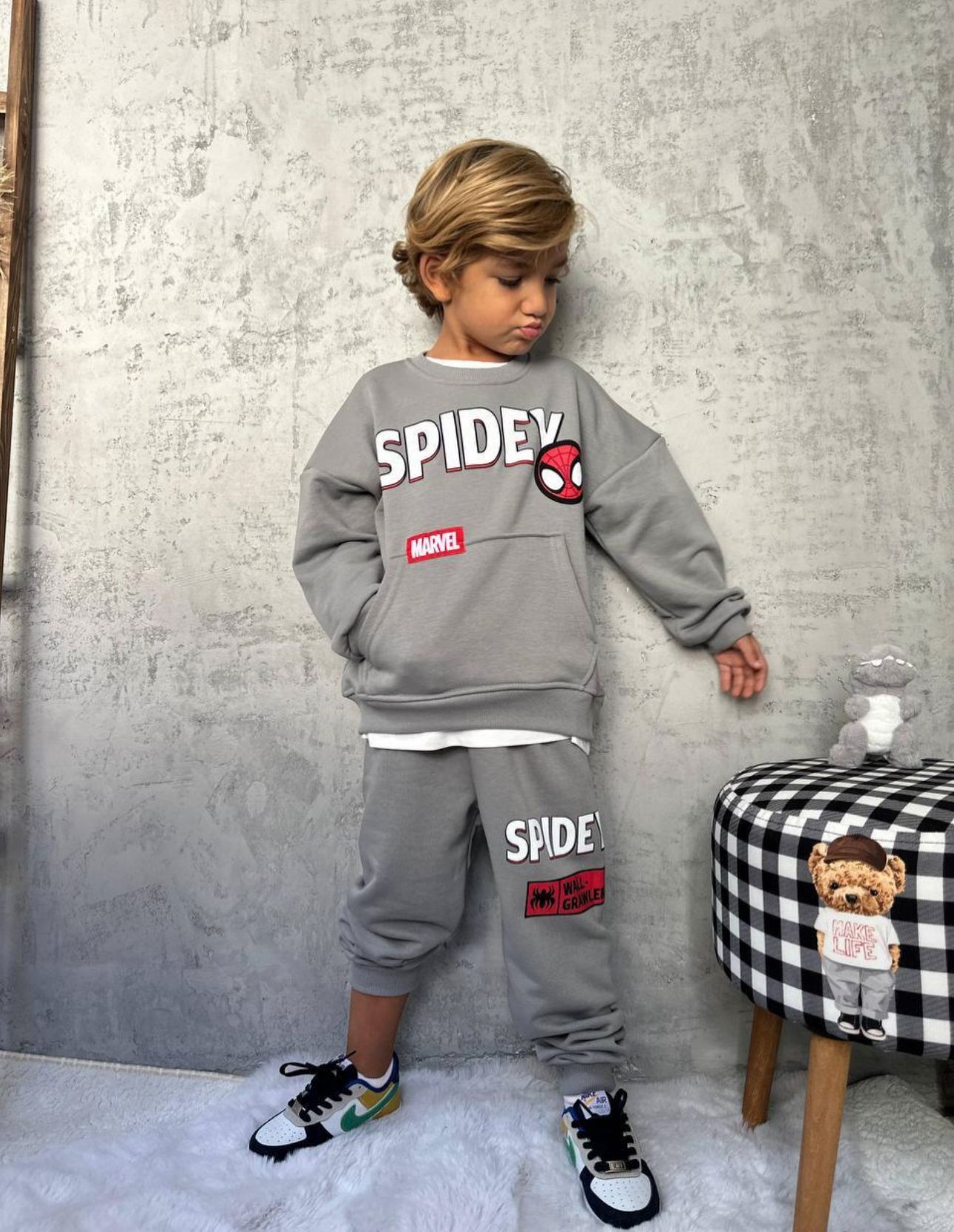 SpiderMan Kanguru Cep Eşofman Takımı-Gri