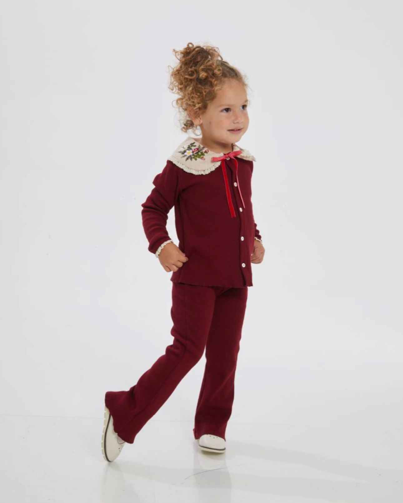 Çiçekli Yaka Detay Fitilli Takım - Bordo