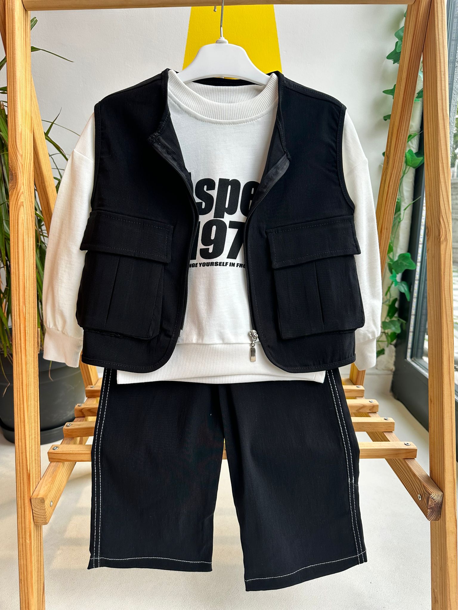 Avcı Yelekli Gabardin Üçlü Takım-Siyah