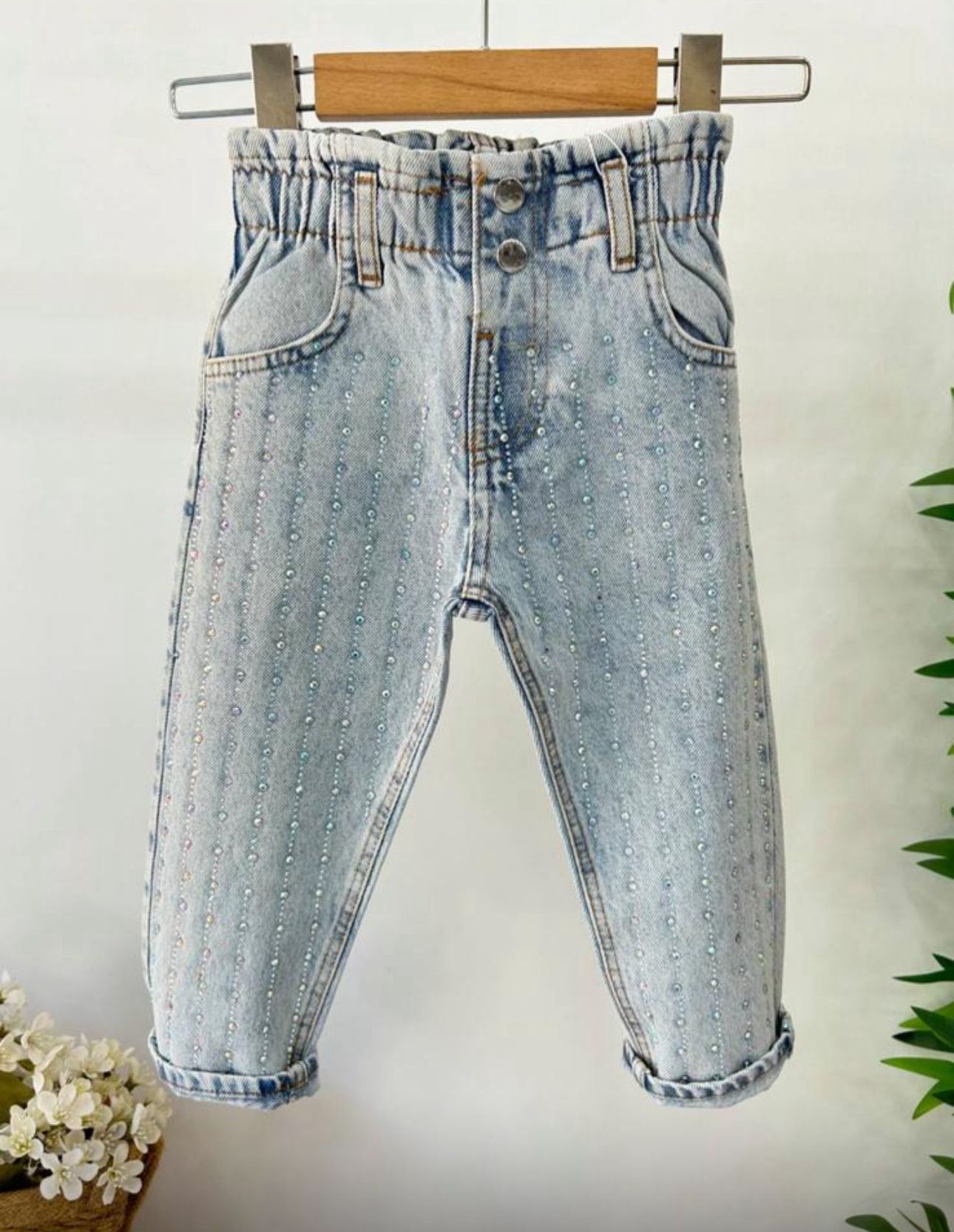 Taşlı Denim Jean - Beli Lastikli