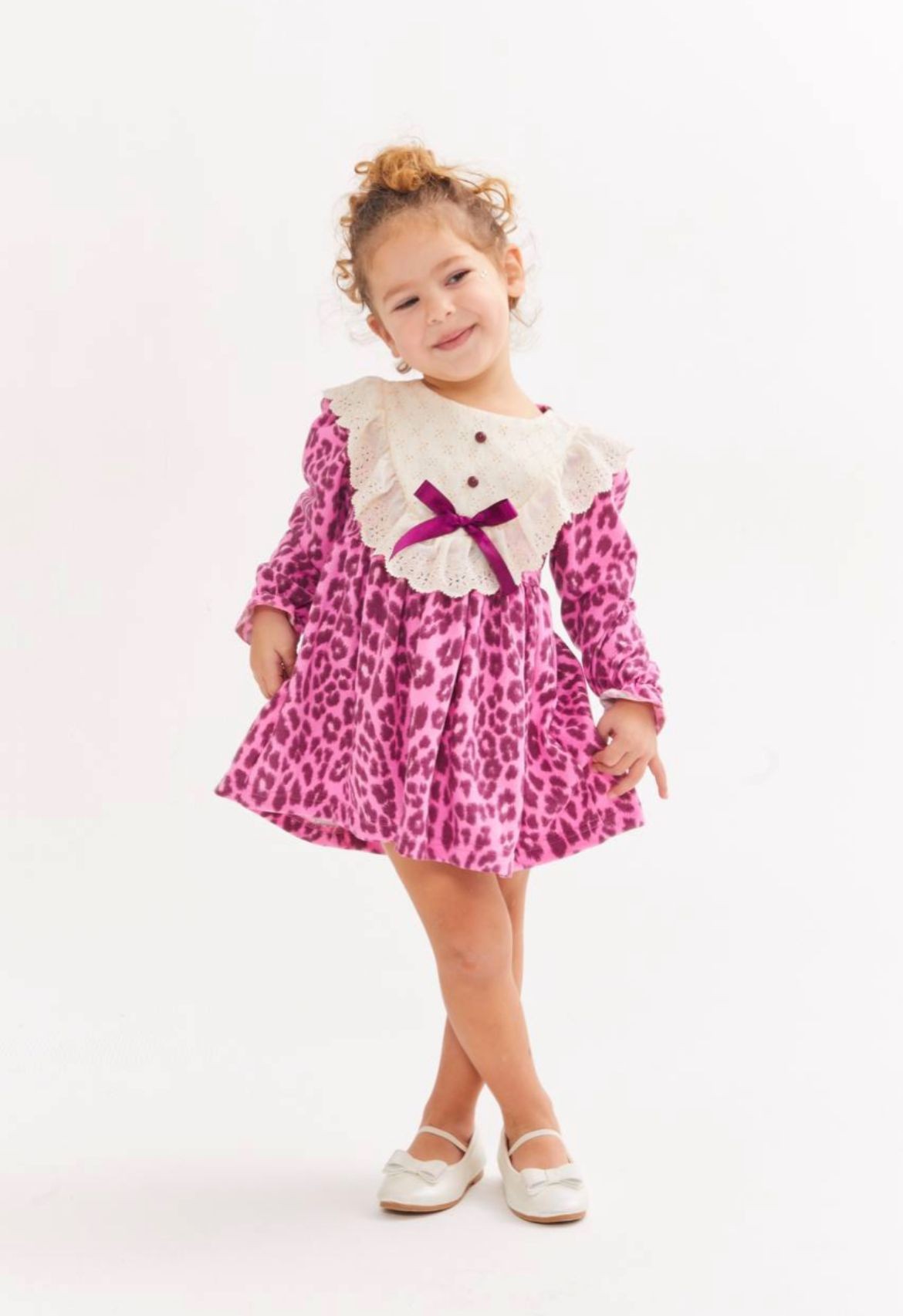 Leopar Desen Yakalı Elbise - Pembe 