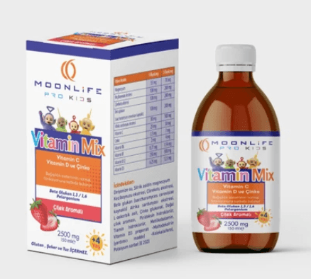 Moon Life Pro Kids Vitamin C ve D Çinko-Beta Glukan Çilek Aromalı (Lipozomal) 150 ml