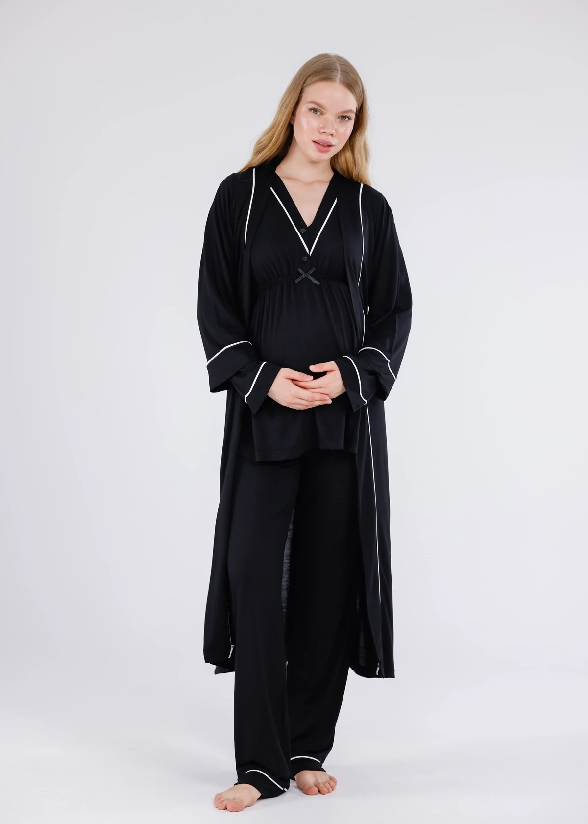 Siyah Beyaz Biyeli Sabahlıklı Hamile Lohusa Pijama Takımı