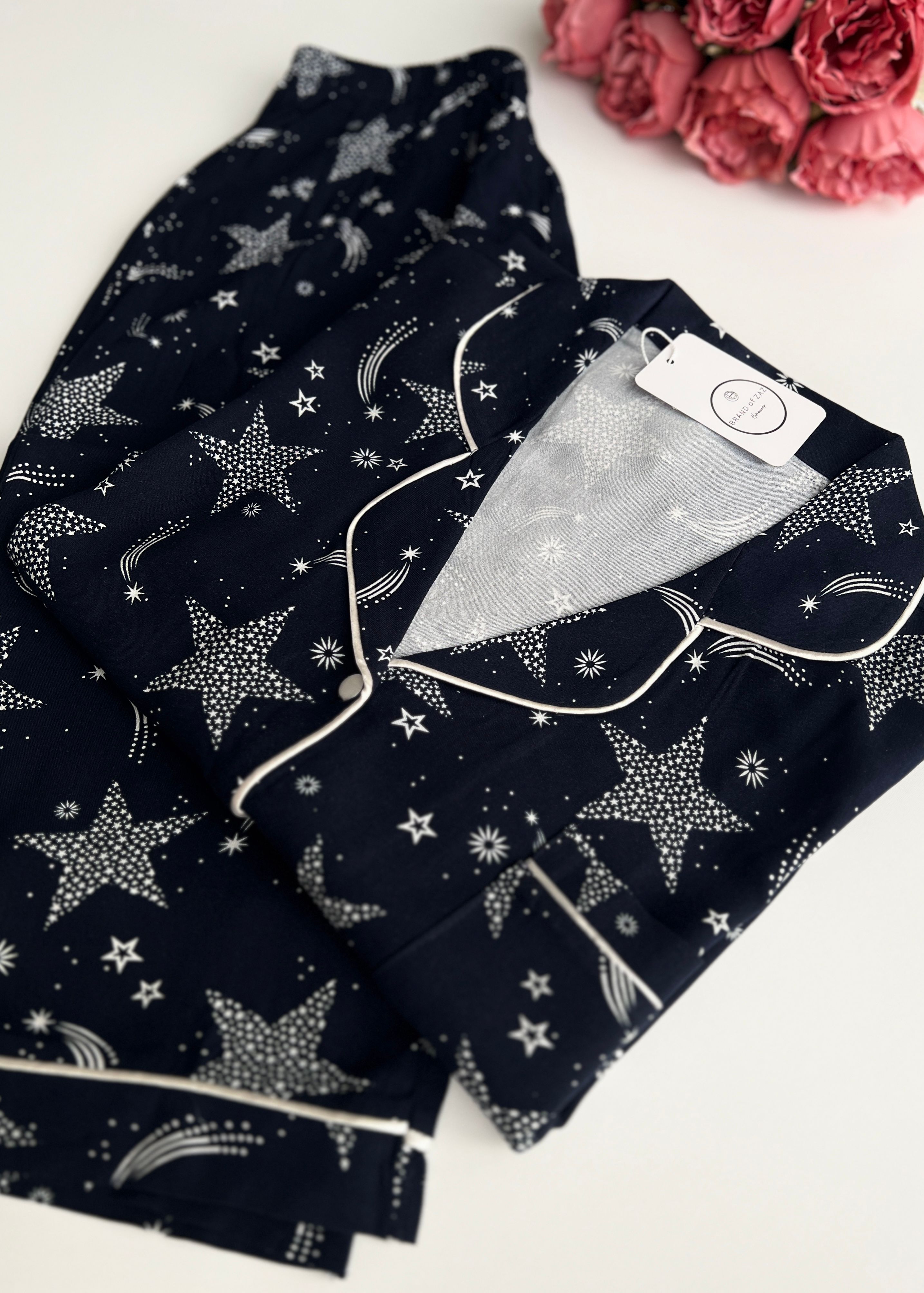 Lacivert Yıldızlı Viskon Uzun Kollu Pijama Takımı